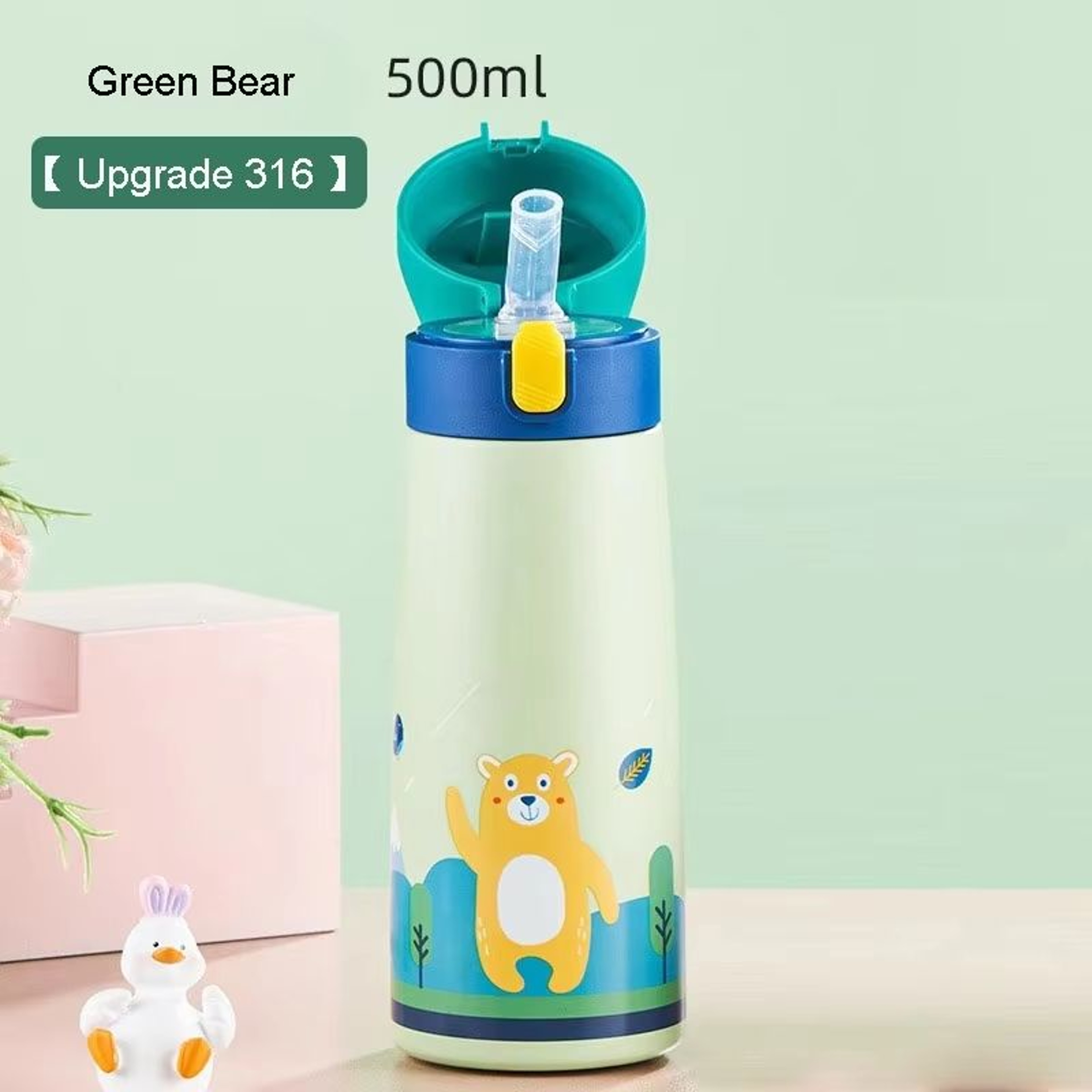 Childrens LargeCapacity Stainless Steel Thermos Cup With Straw  Cute Animal Print Water Bottle For  2