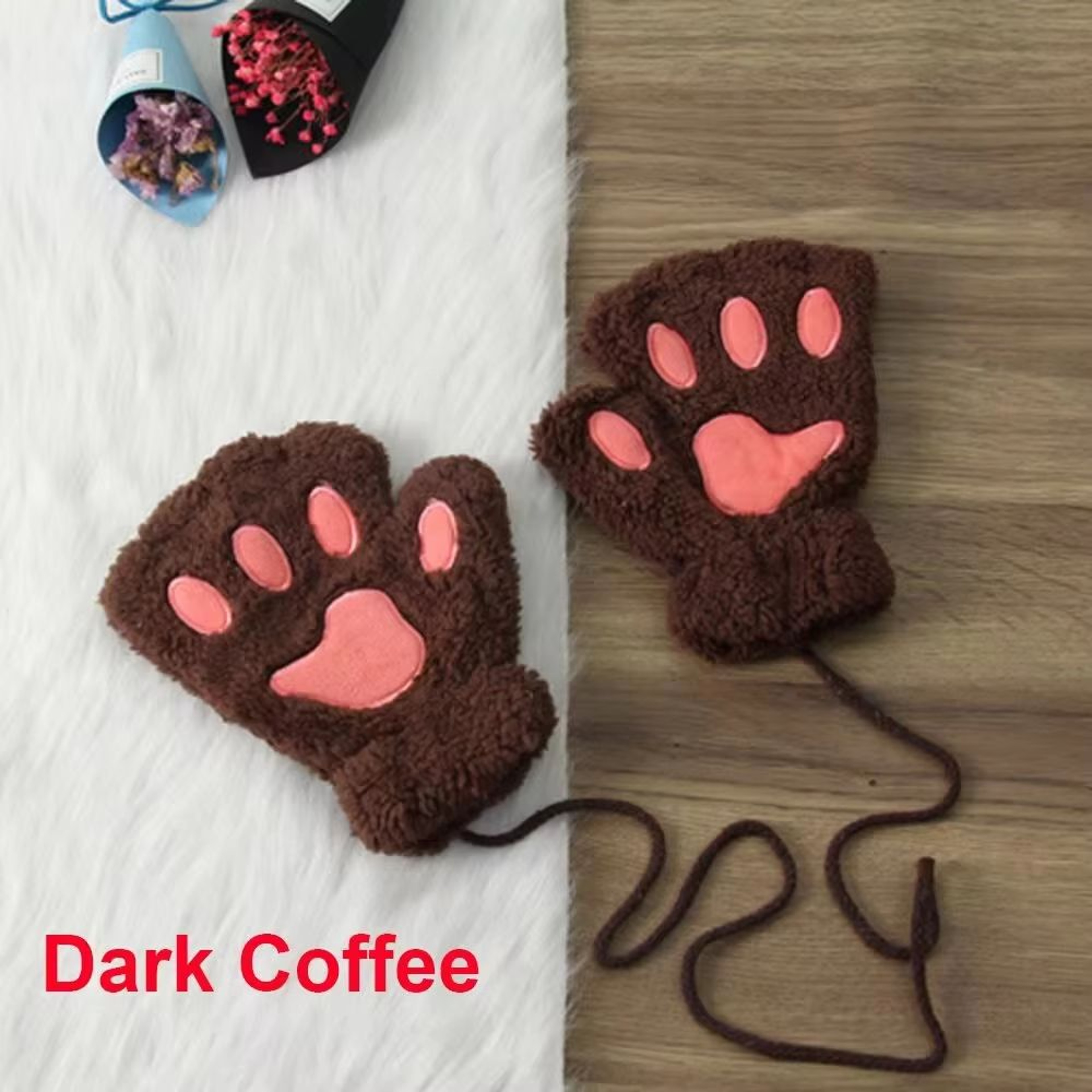 Cute Cat Claw Winter Half Finger Gloves  Thick Fluffy Bear Paw Plush Fingerless Mittens For Women A 9