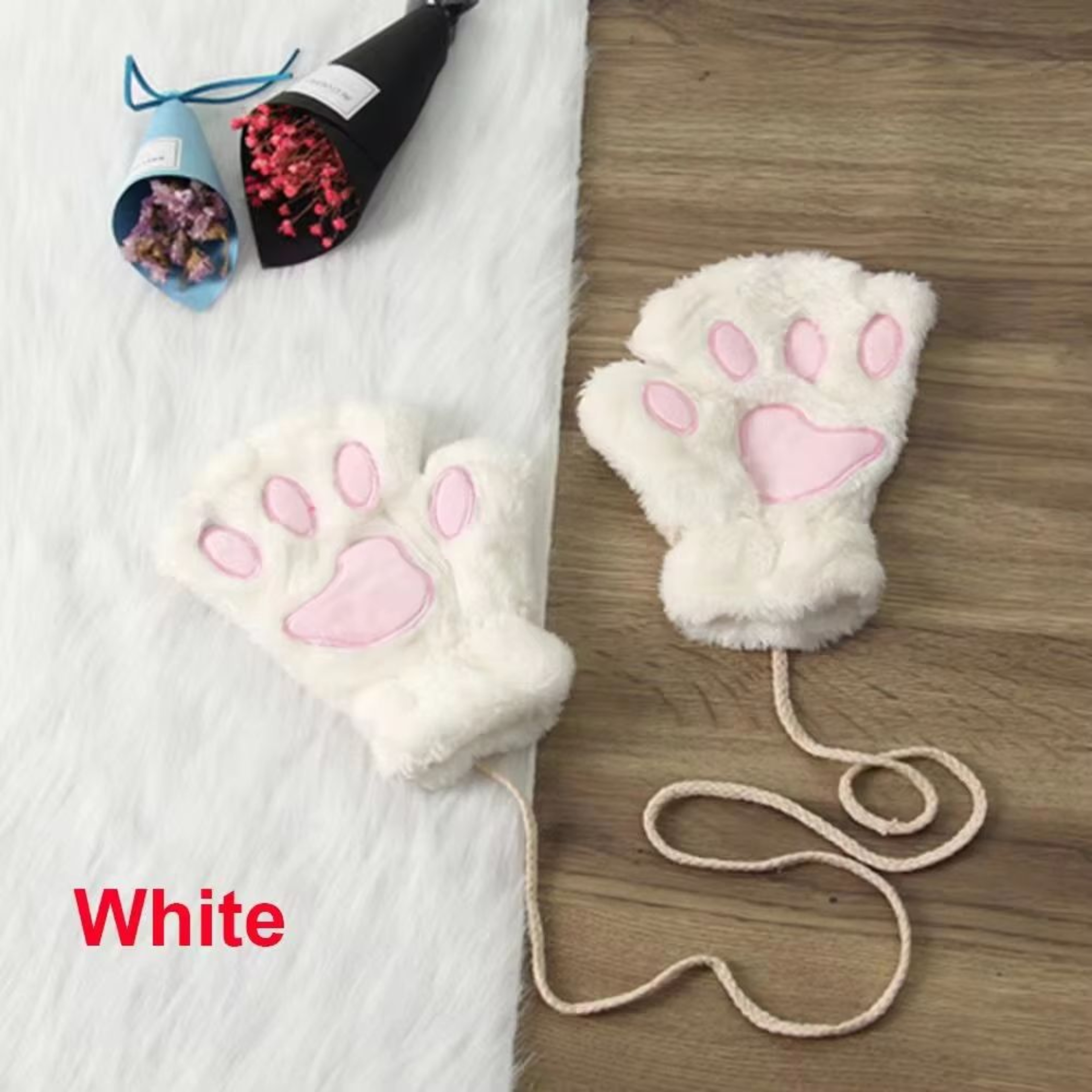 Cute Cat Claw Winter Half Finger Gloves  Thick Fluffy Bear Paw Plush Fingerless Mittens For Women A 18
