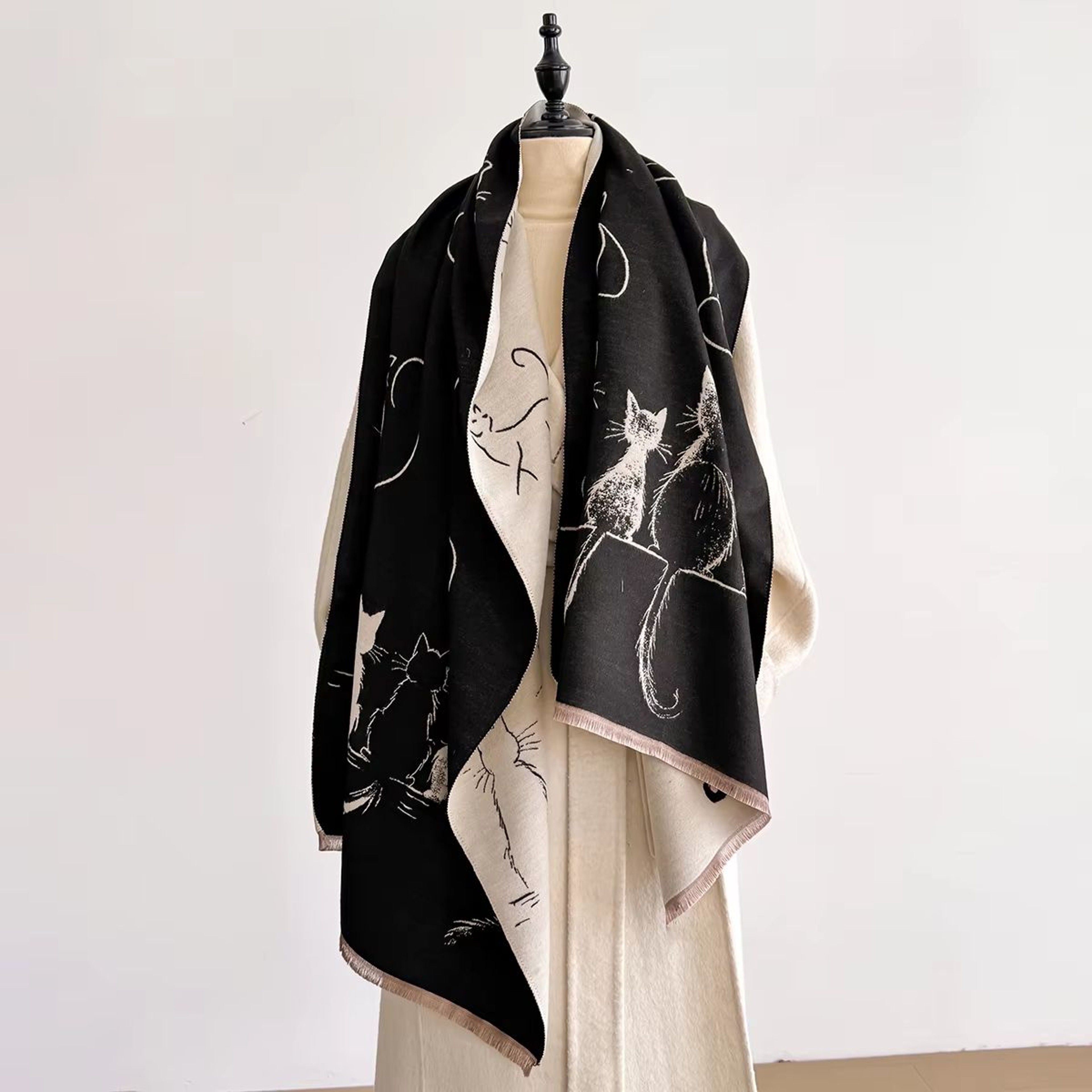 Luxury Winter Cashmere Cat Print Scarf For Women  Warm Pashmina Shawl Wrap Thick Foulard Bufanda 0