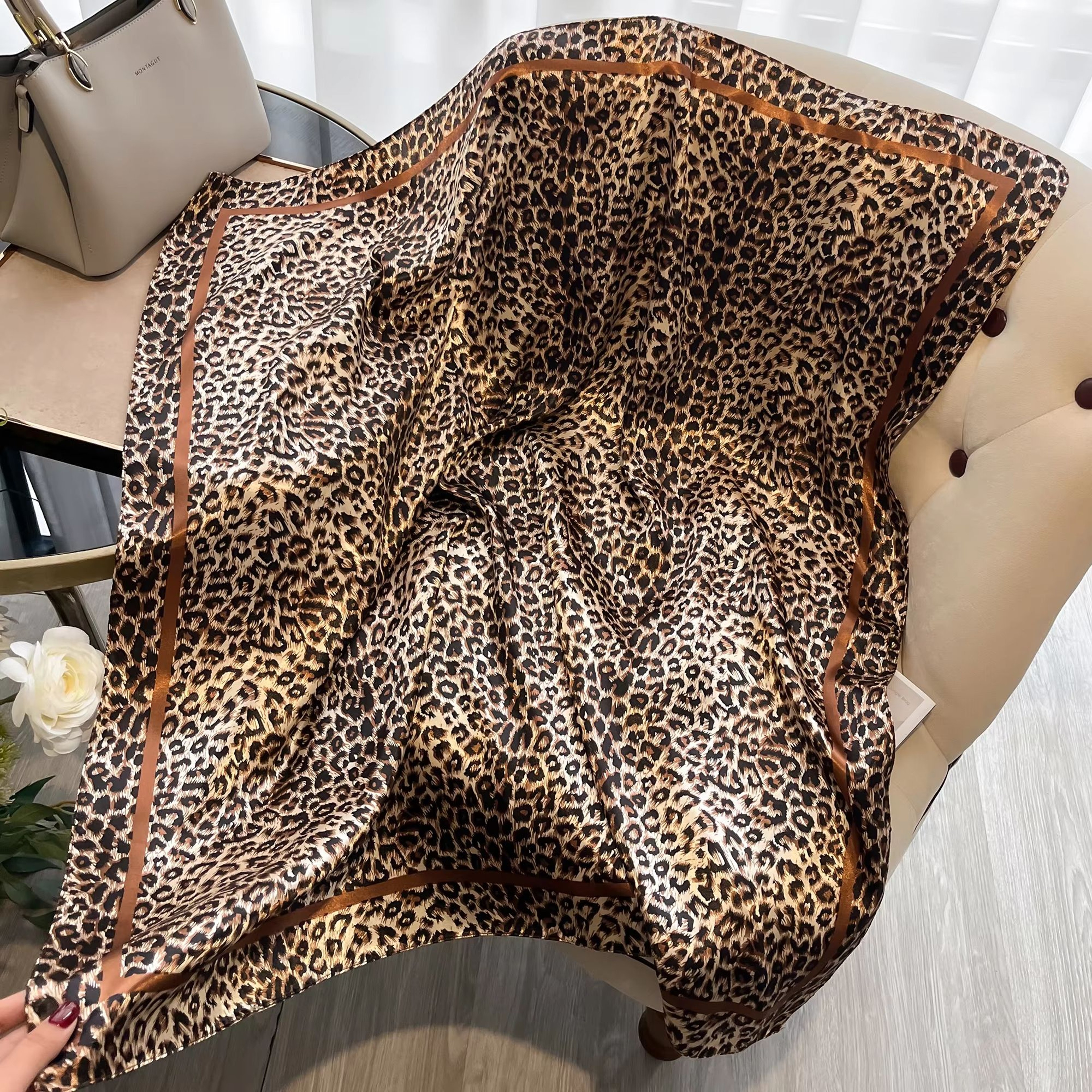 Luxury Leopard Print Satin Square Scarf  Headband Set  2756x2756in Fashion Hair Band Neckerchief  W 7