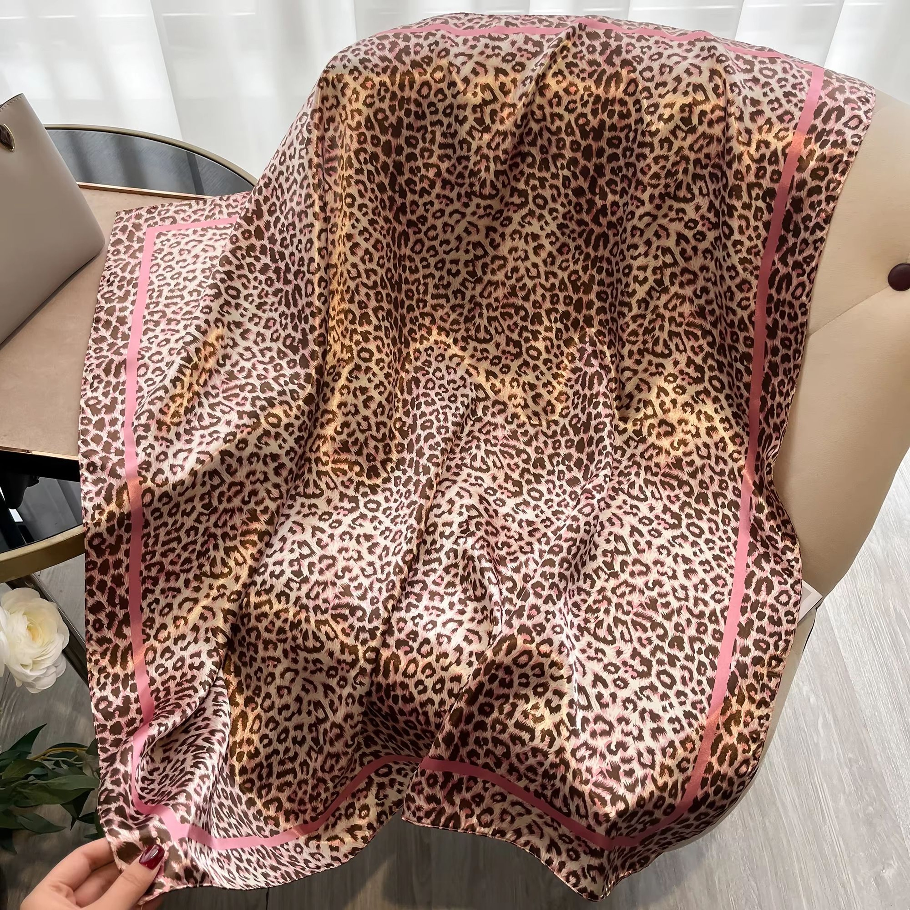 Luxury Leopard Print Satin Square Scarf  Headband Set  2756x2756in Fashion Hair Band Neckerchief  W 8