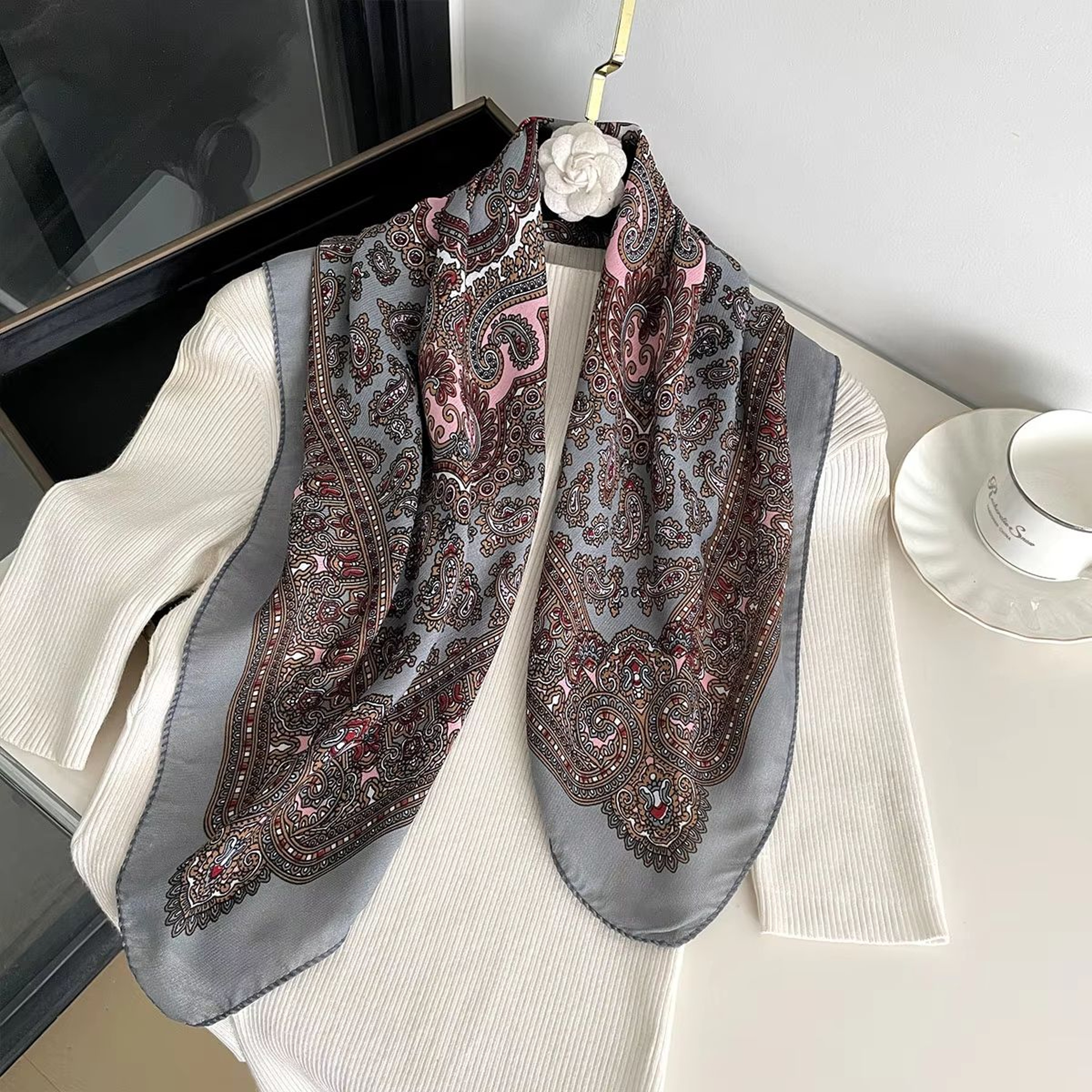 Womens Paisley Print Cotton Texture Square Scarf  2756x2756in Decorative Shawl Headband  Luxury Nec 10