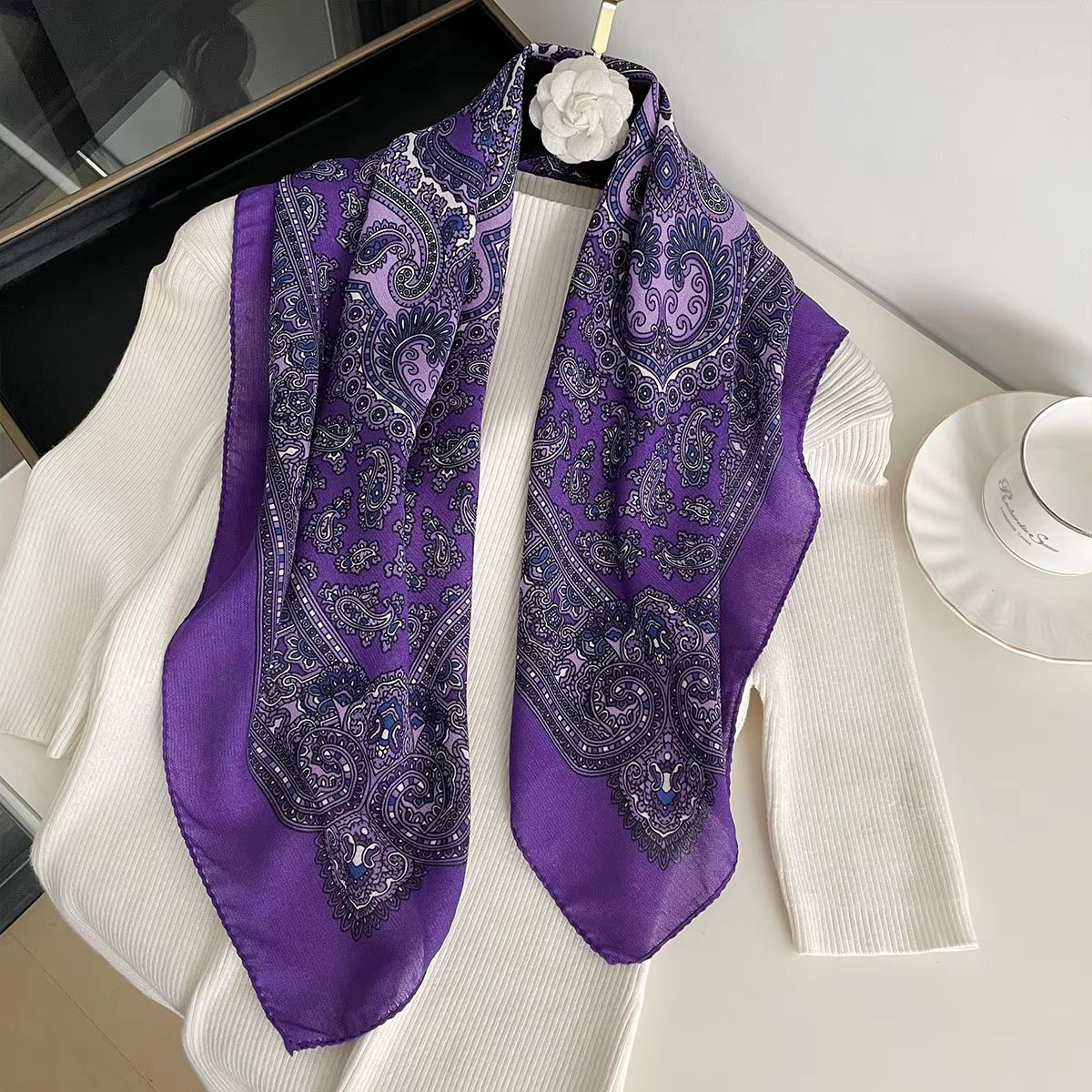 Womens Paisley Print Cotton Texture Square Scarf  2756x2756in Decorative Shawl Headband  Luxury Nec 12