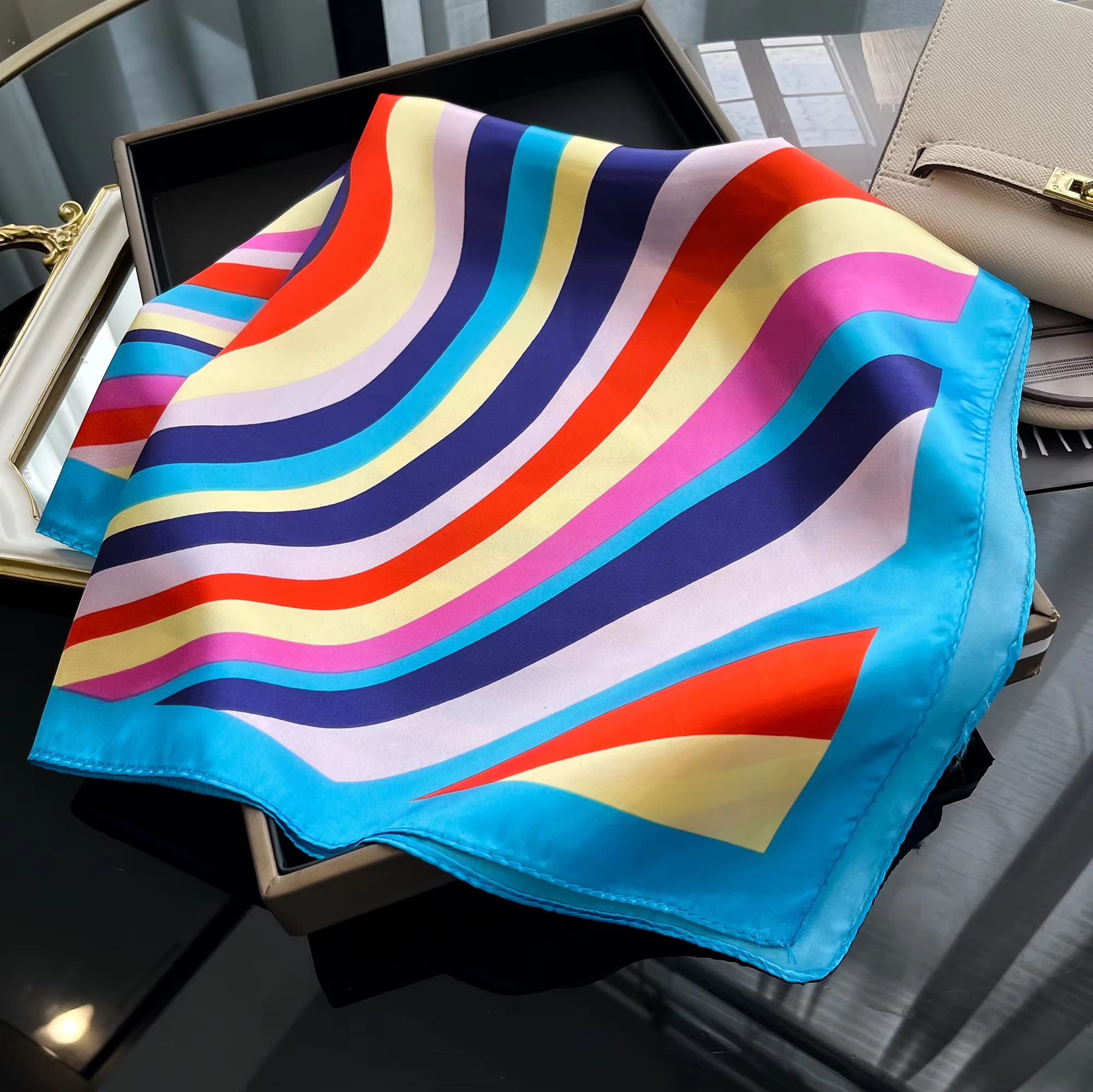 Luxury Square Satin Silk Scarf For Women Hair Hijab Neckerchief 21