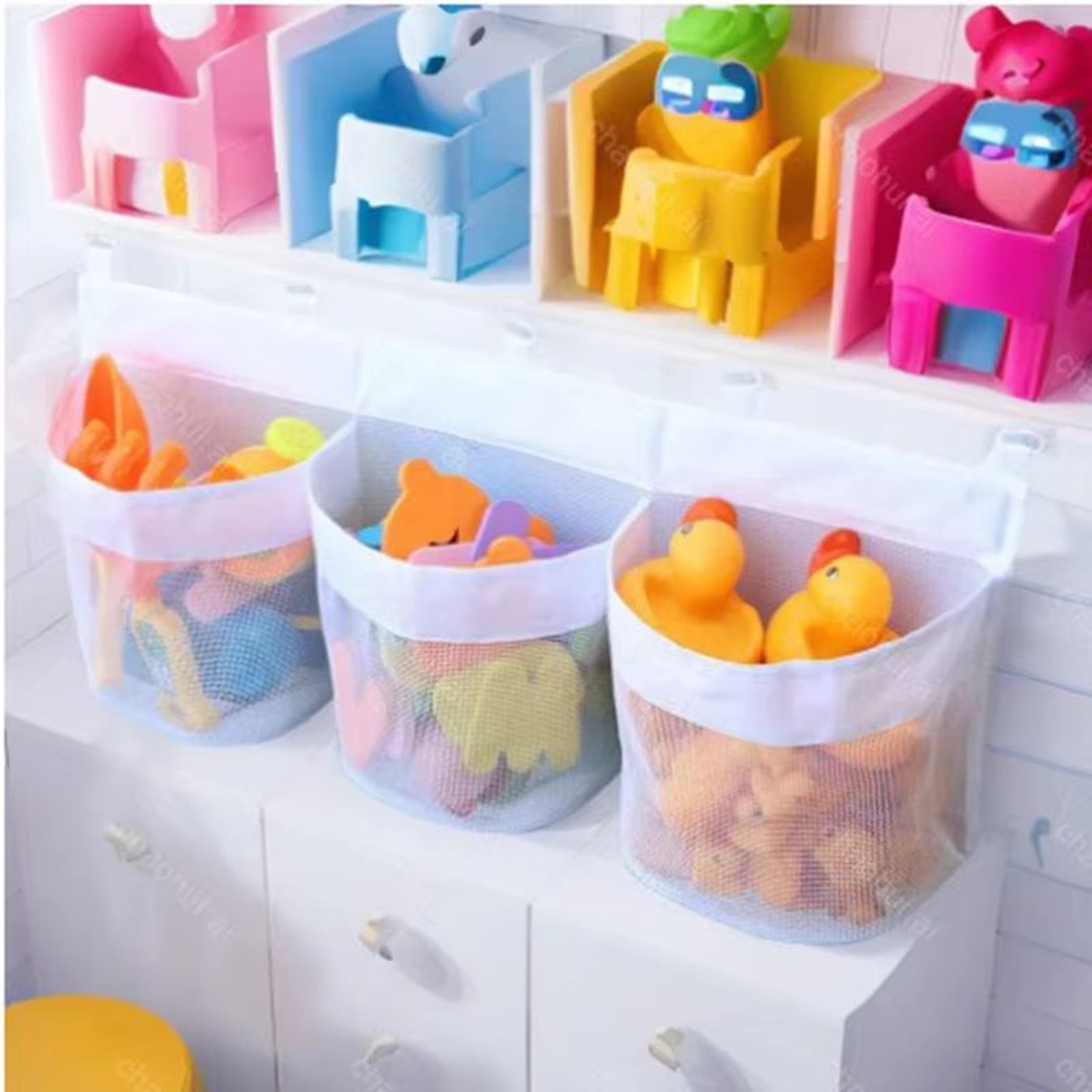 Kids Bathroom Toy Storage Bag  MultiCompartment Wall Organizer With Drainage Mesh 3