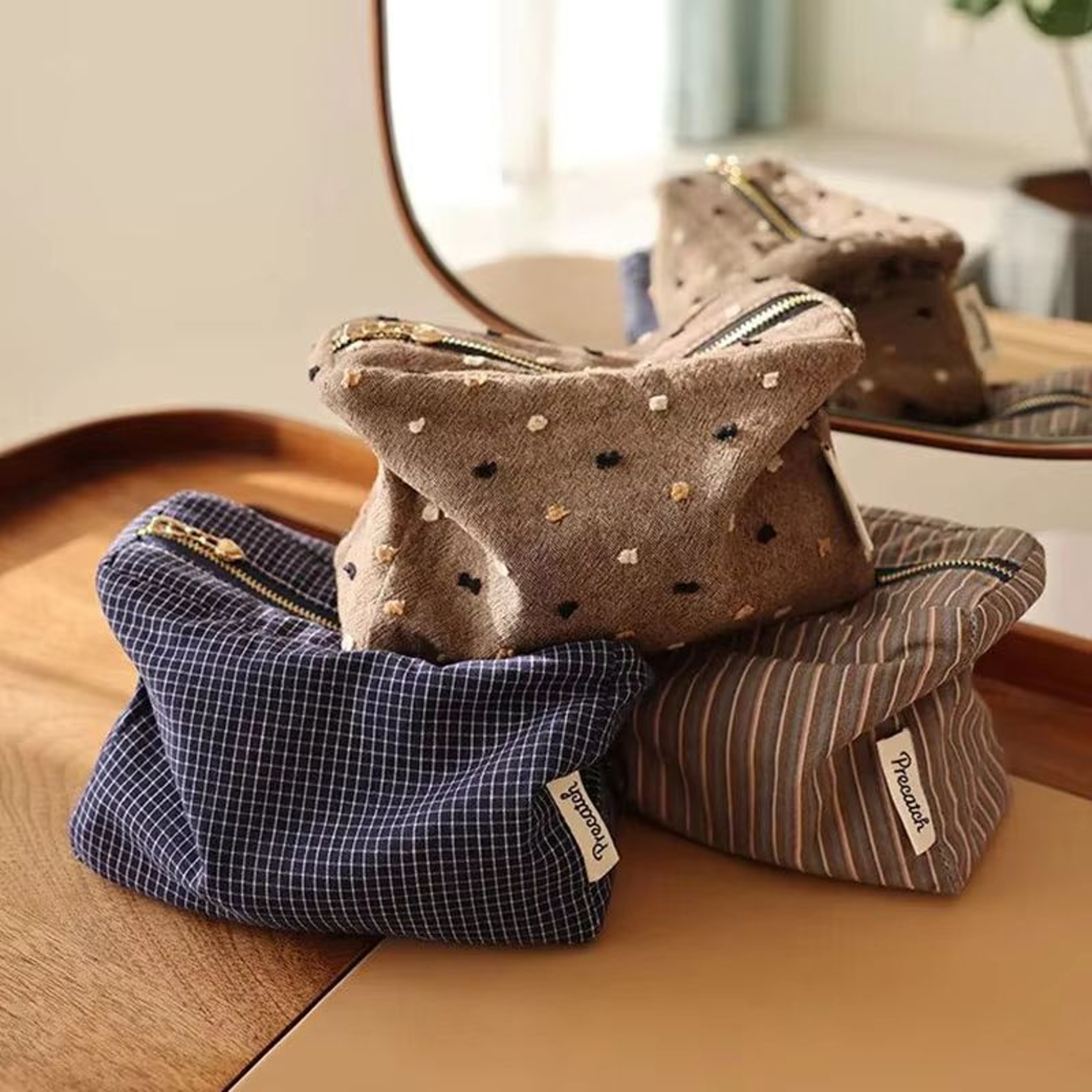 Checkered Striped Cosmetic Bag Square Zipper Makeup Storage Pouch 0
