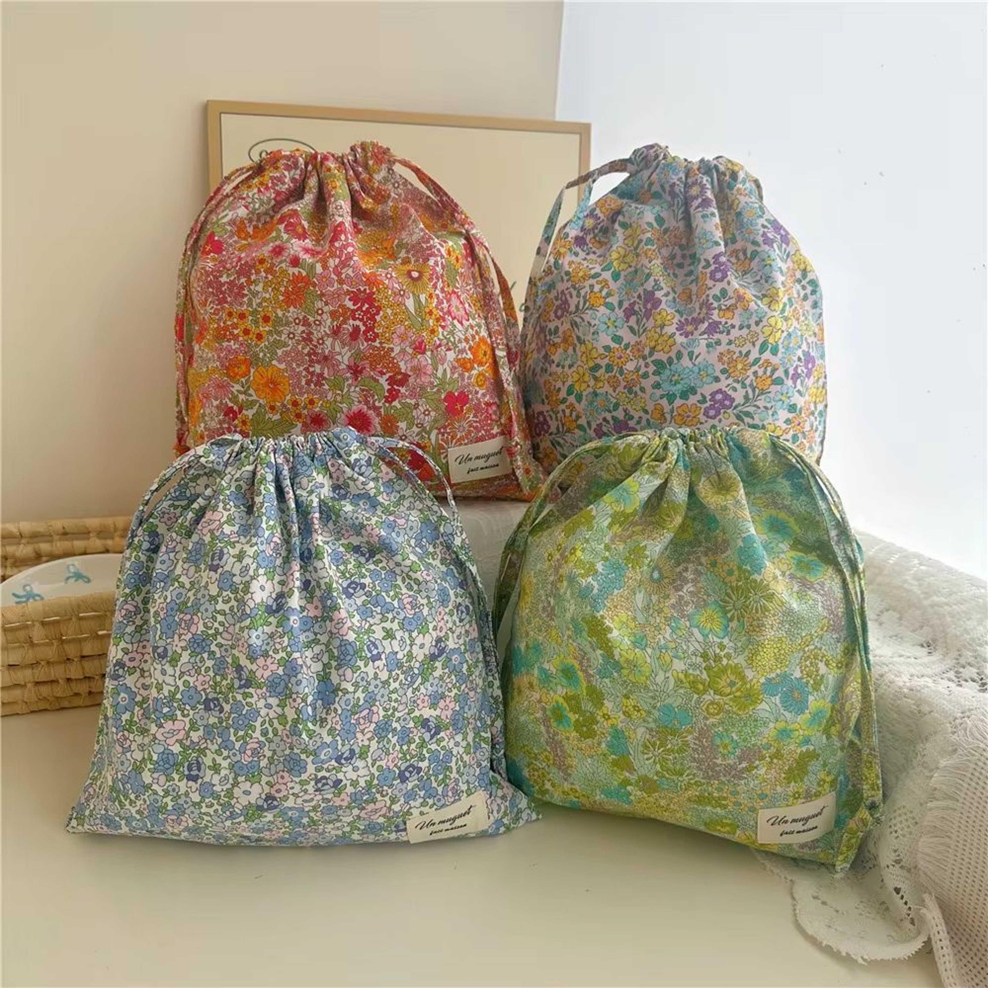Portable Cotton Makeup  Travel Organizer Bag  Drawstring Flower Print Storage Pouch 0