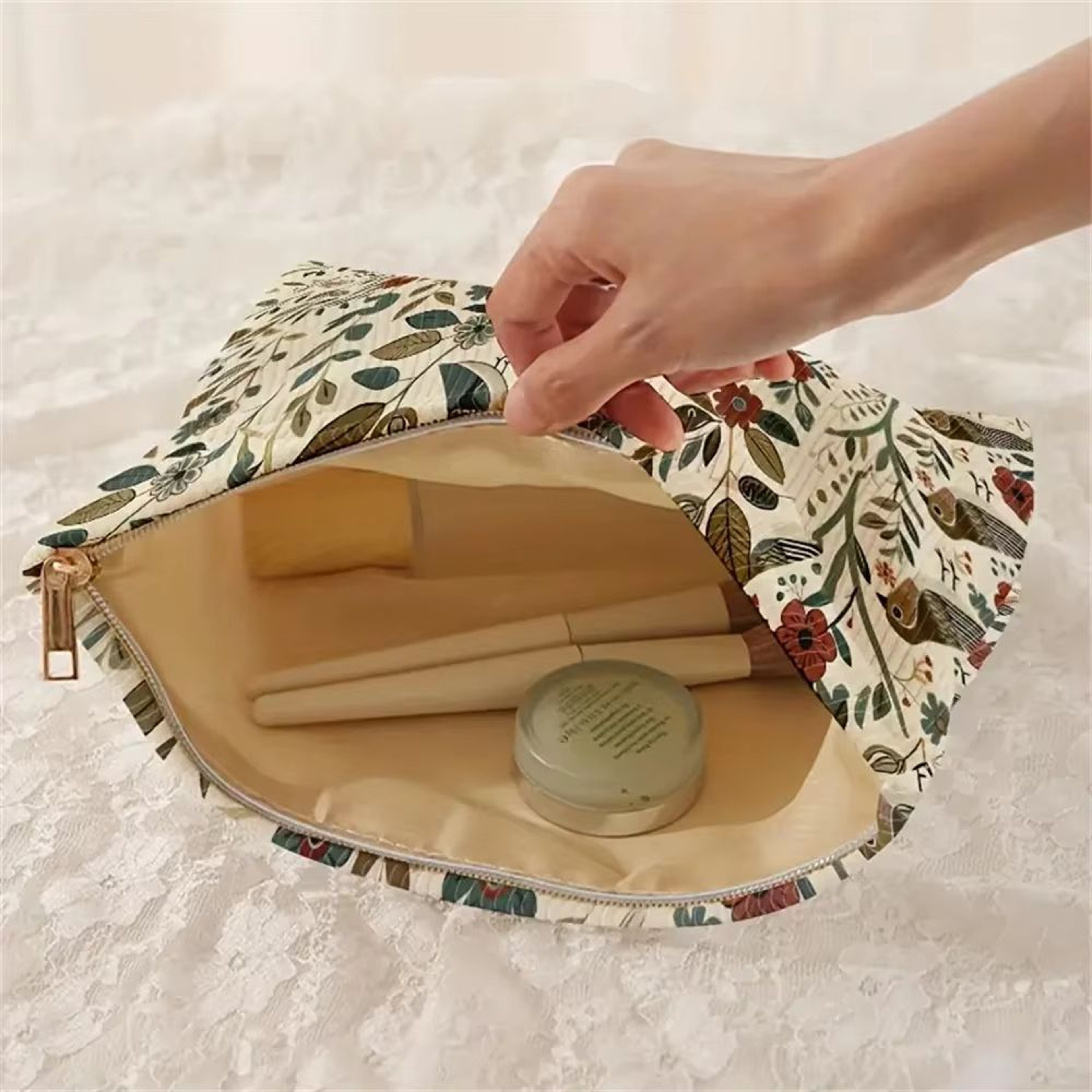 Corduroy Cosmetic Makeup Bag With Branch Bird Pattern 3