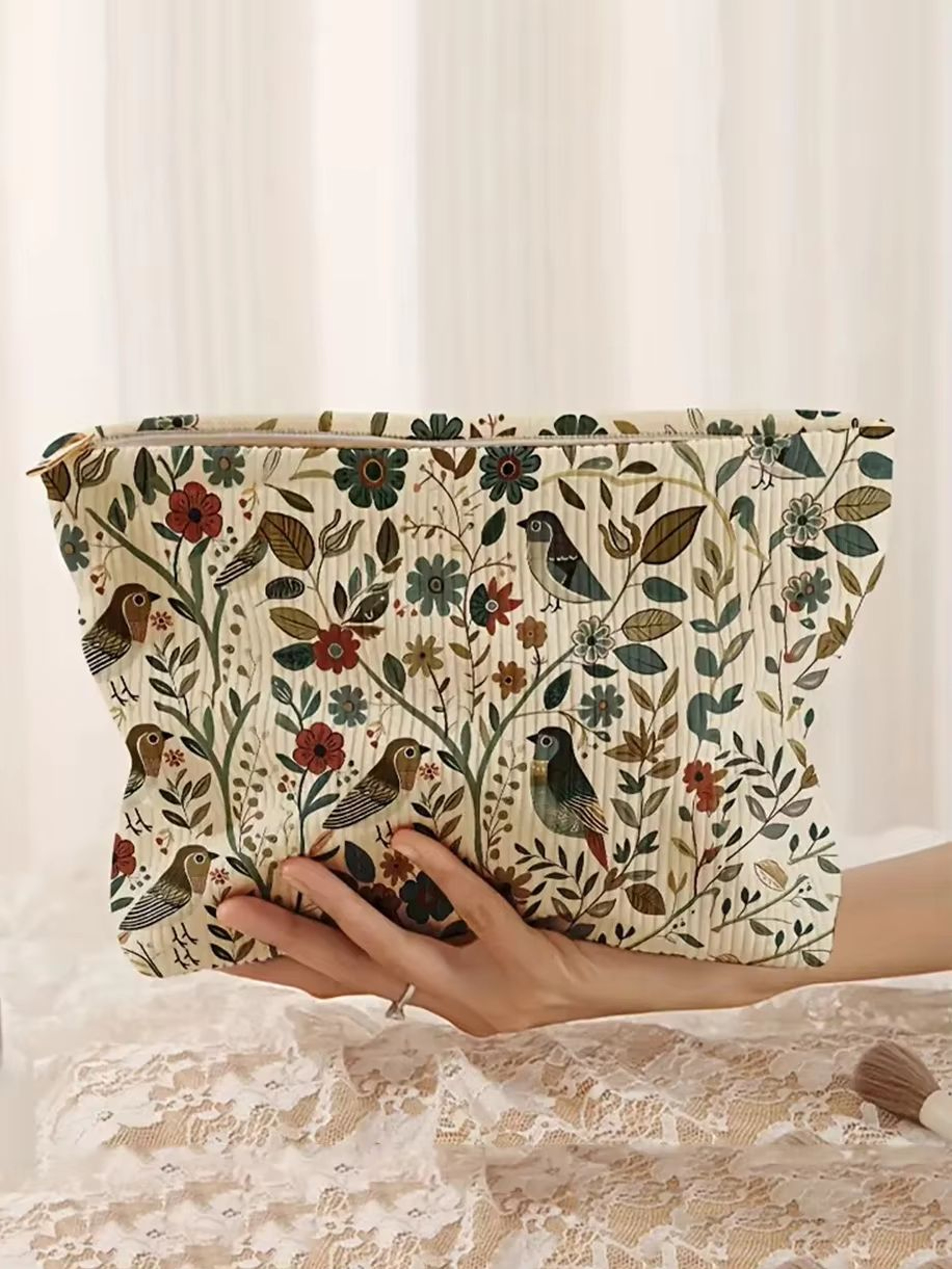 Corduroy Cosmetic Makeup Bag With Branch Bird Pattern 5