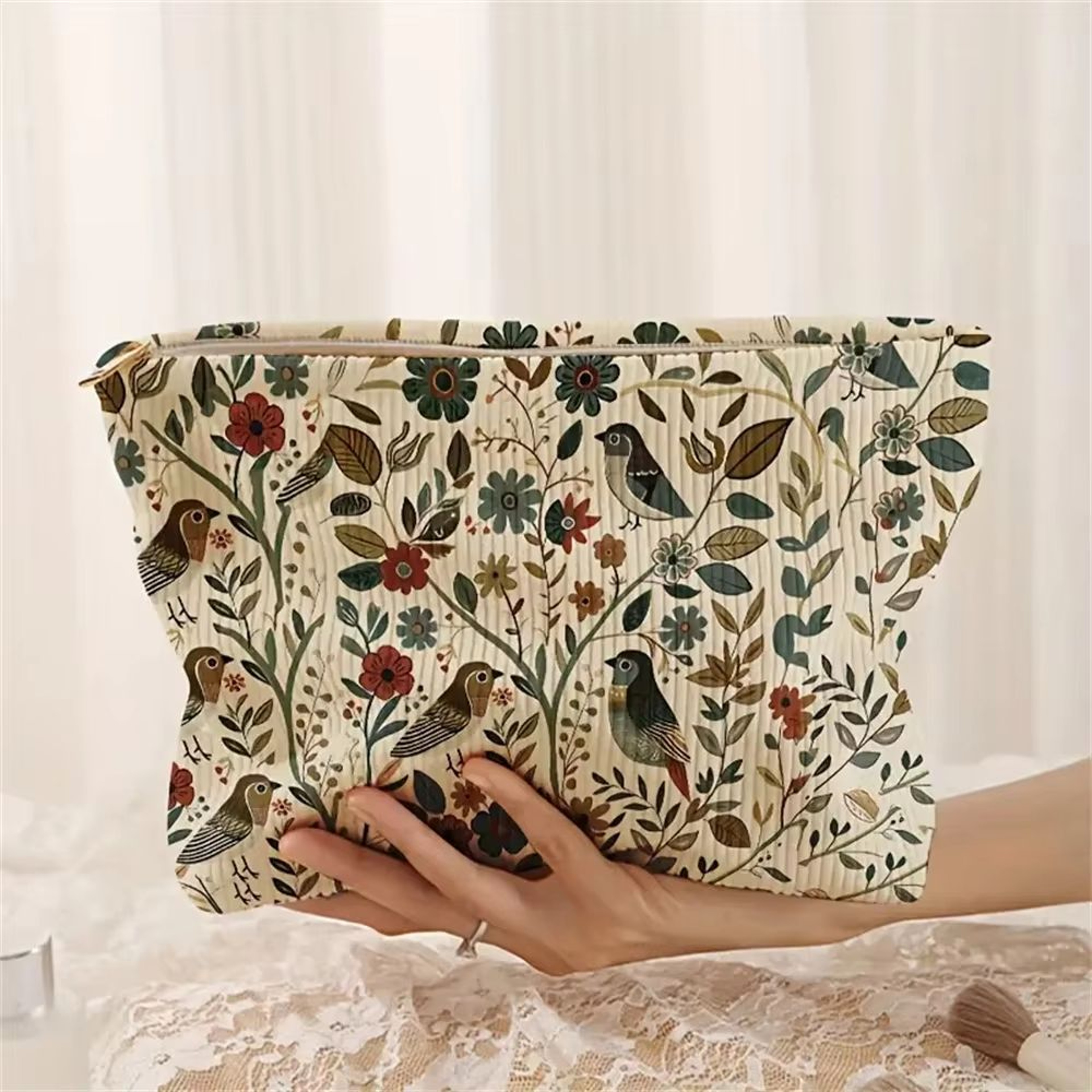 Corduroy Cosmetic Makeup Bag With Branch Bird Pattern 6