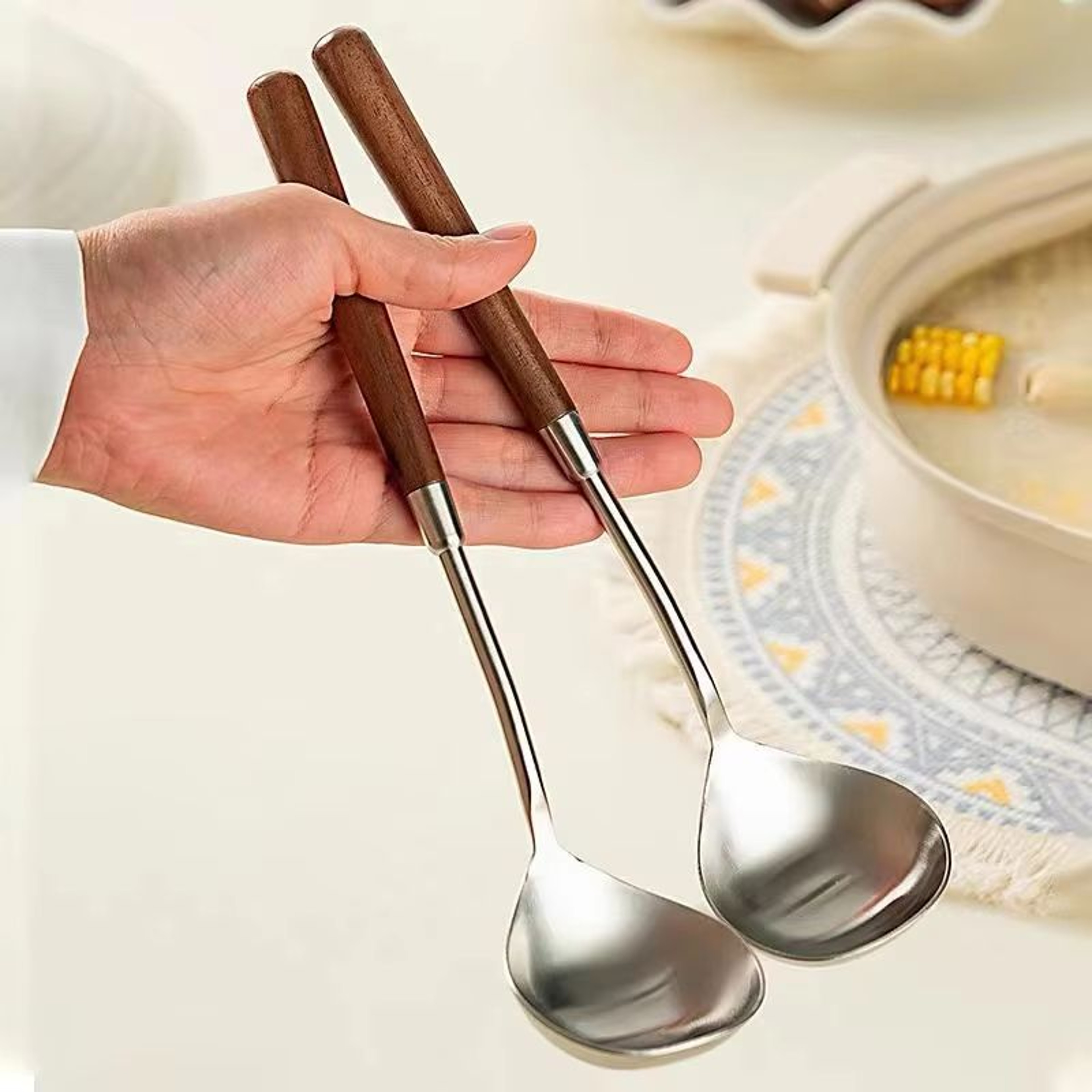 Stainless Steel Soup Ladle With Wooden Long Handle Hot Pot And Porridge Serving Scoop 1