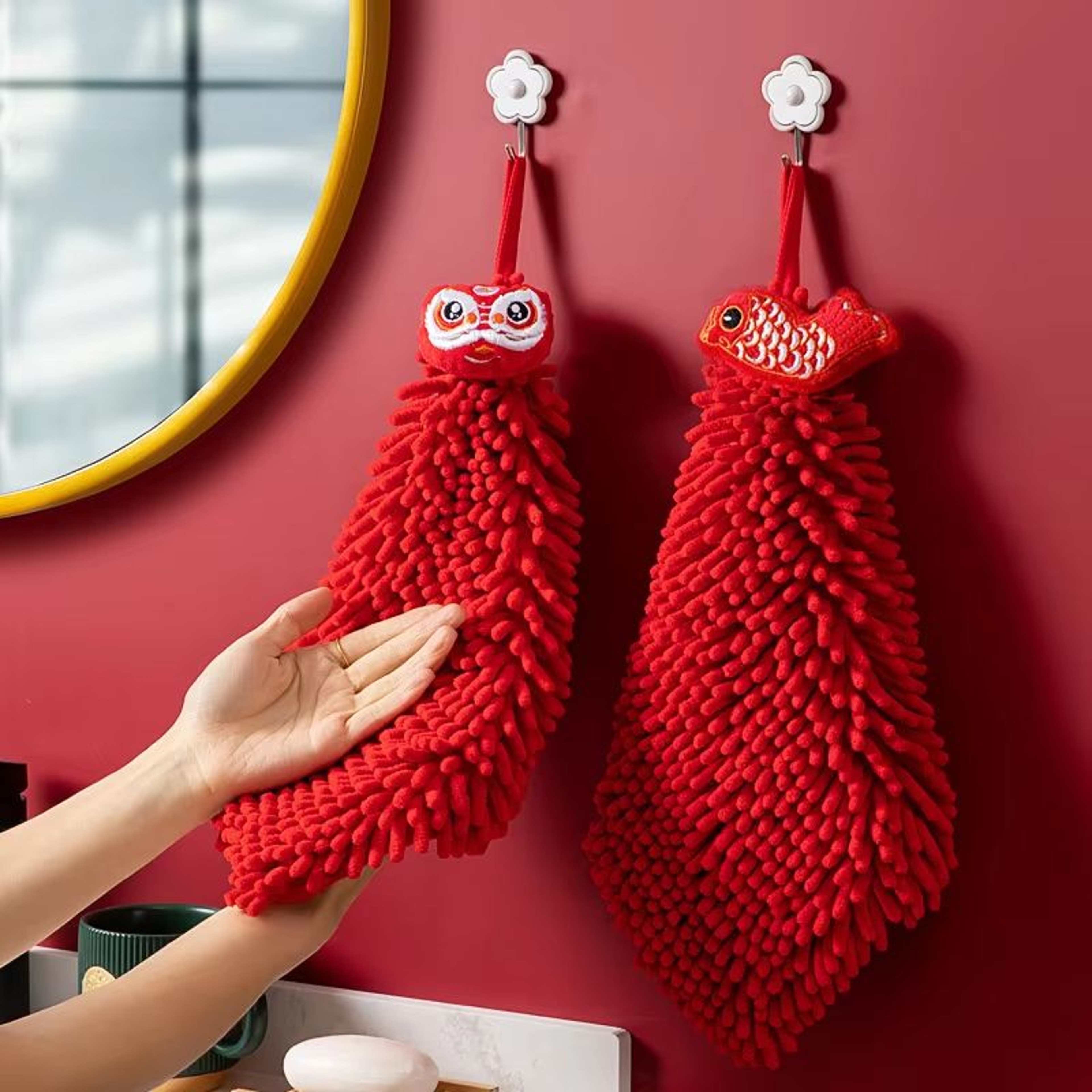 3PCS Cartoon Red Chenille Hand Towel Hanging Quick Dry Kitchen Towel Set For Bathroom And Home Clea 0