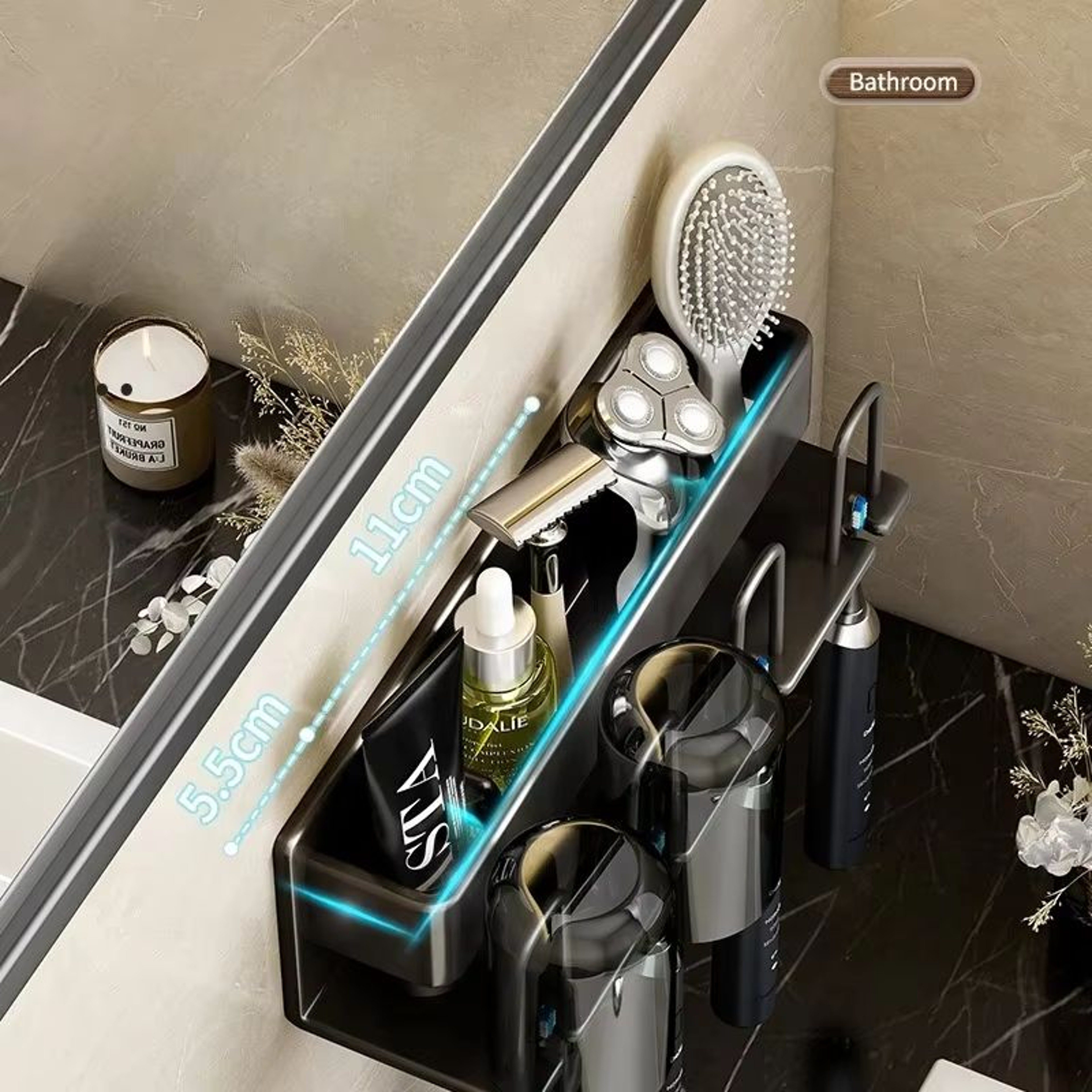 Aluminum Wall Mounted Punch Free Toothbrush And Toothpaste Holder Metal Bathroom Storage Rack 3