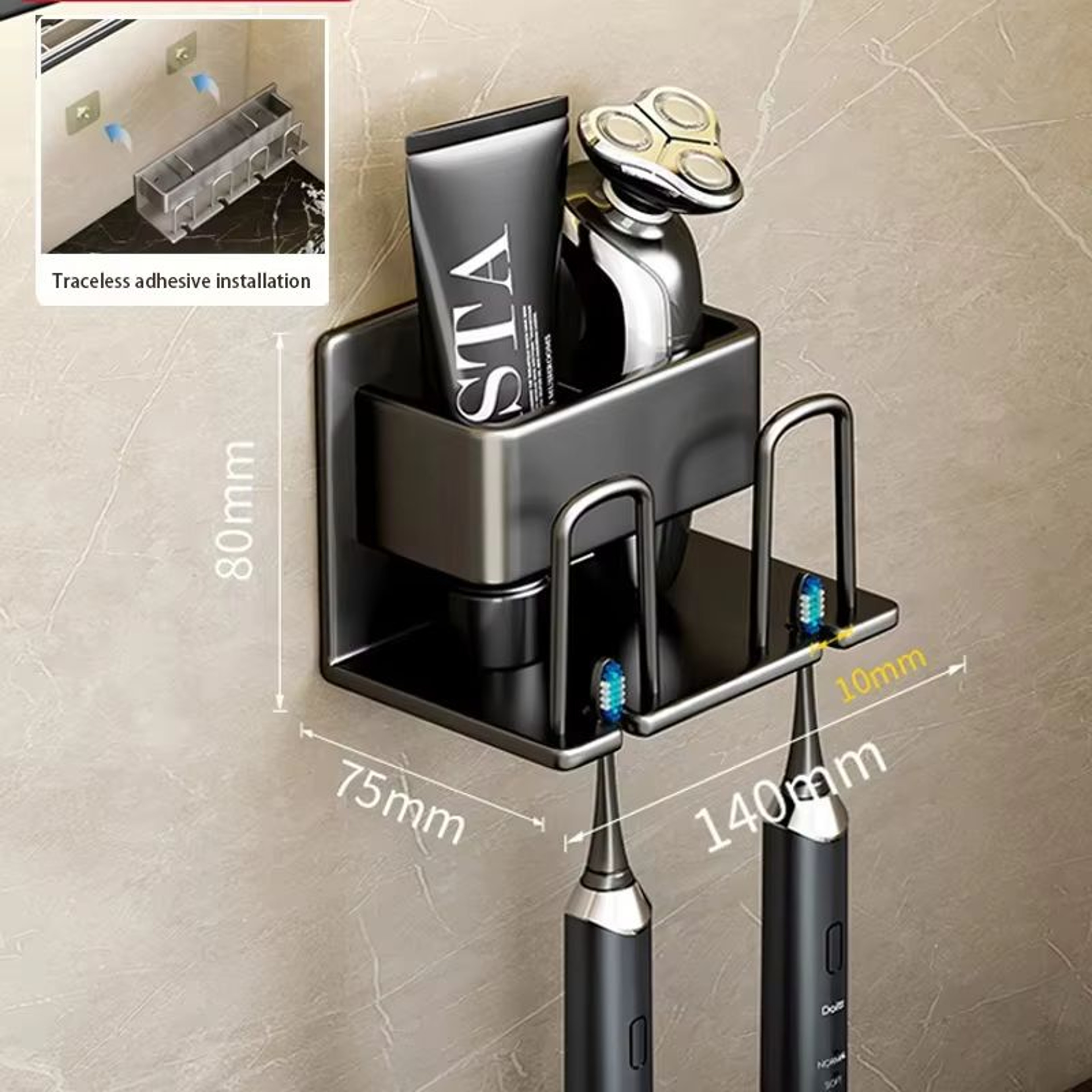 Aluminum Wall Mounted Punch Free Toothbrush And Toothpaste Holder Metal Bathroom Storage Rack 6