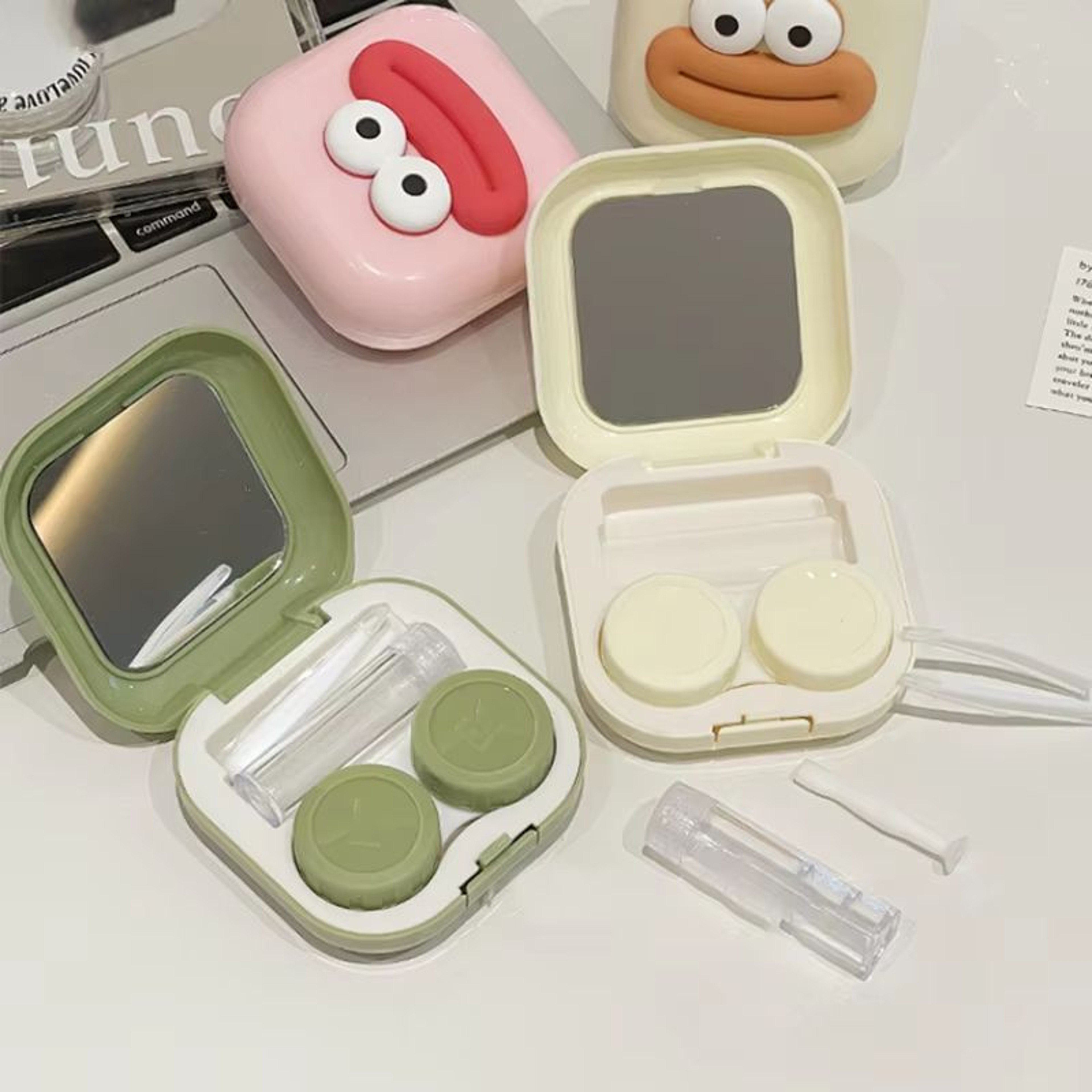 Portable Cute Sausage Style Contact Lens Case With Tweezer And Suction Stick Set 1