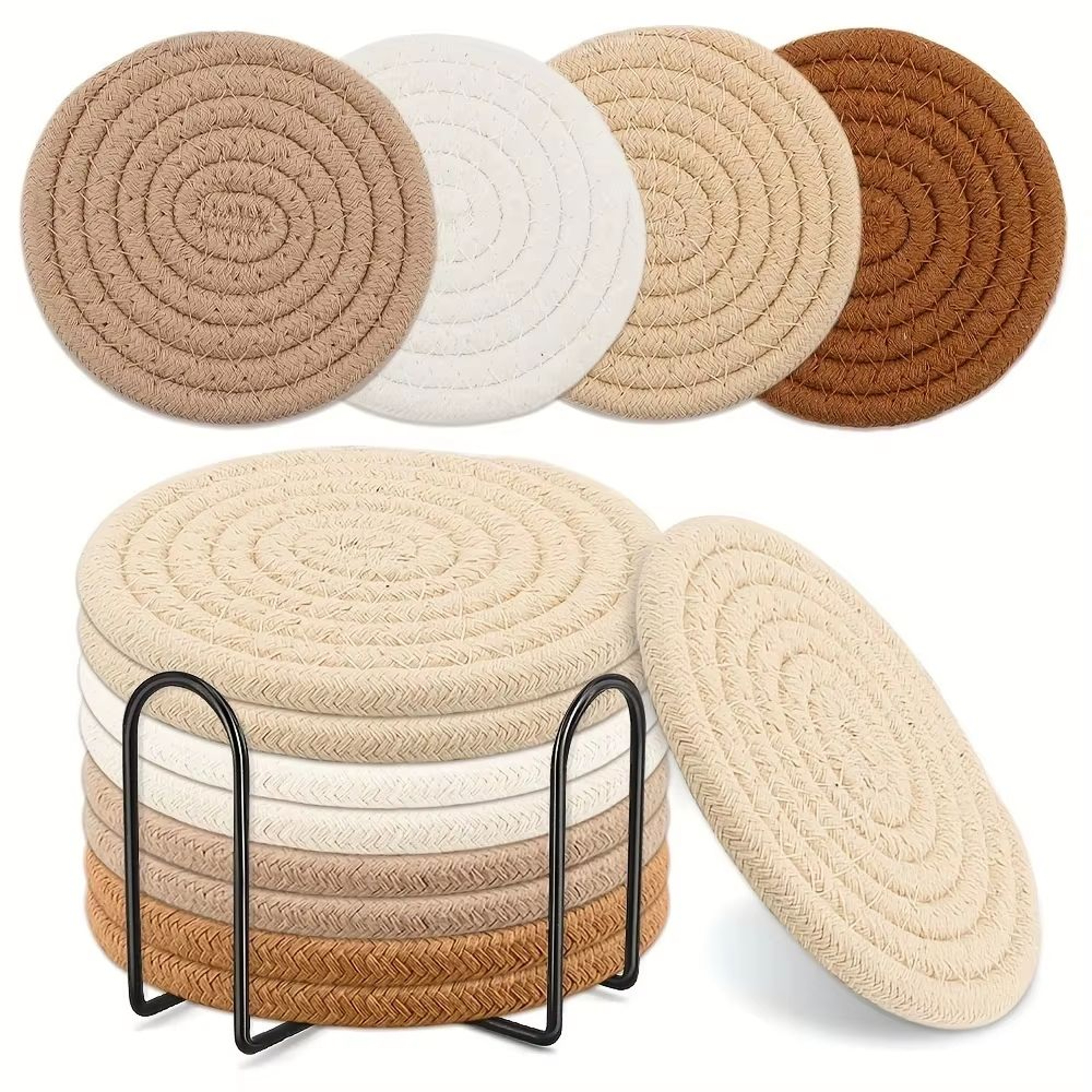 8 Piece Woven Drink Coaster Set With Holder High Temperature Resistant Absorbent Coasters 0