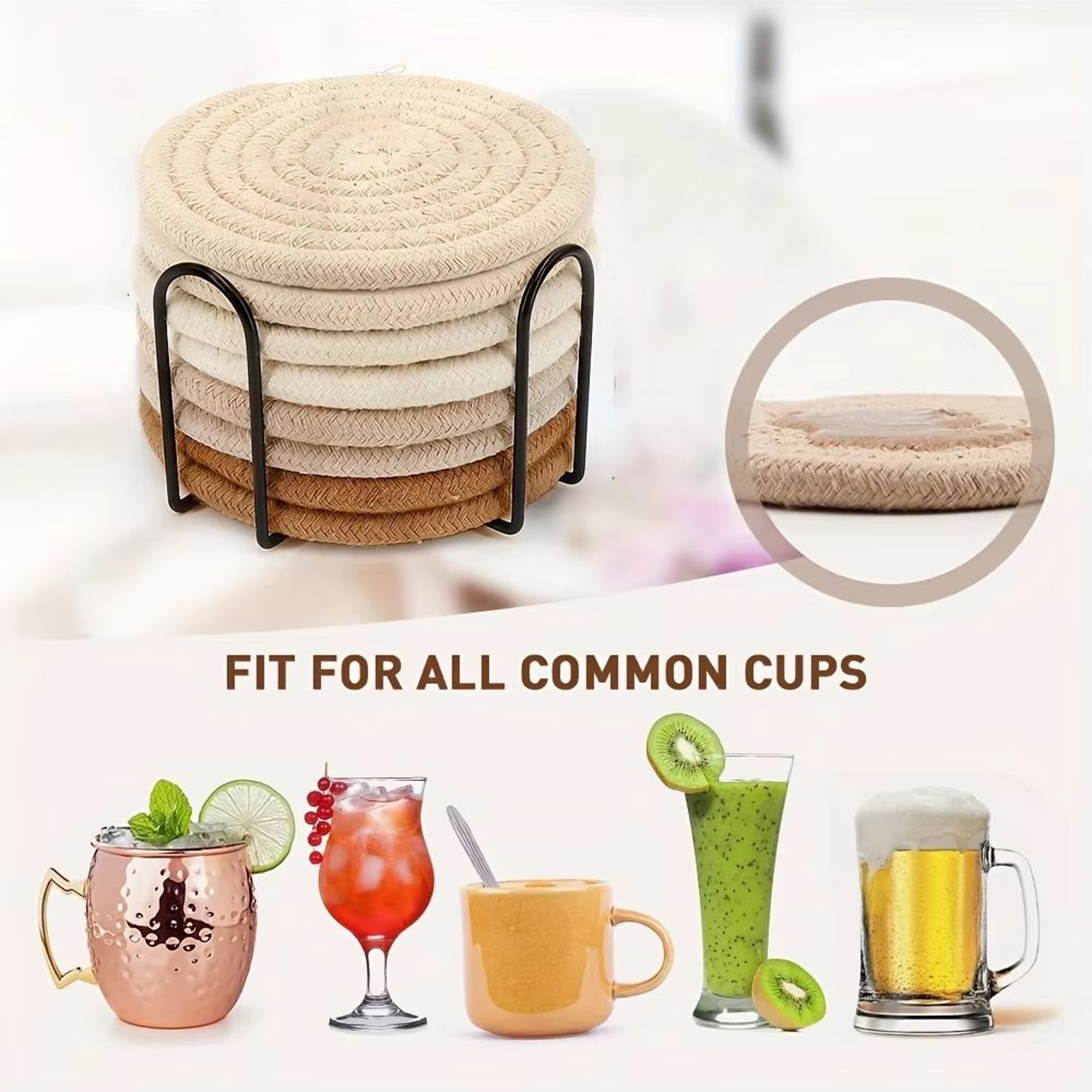 8 Piece Woven Drink Coaster Set With Holder High Temperature Resistant Absorbent Coasters 5