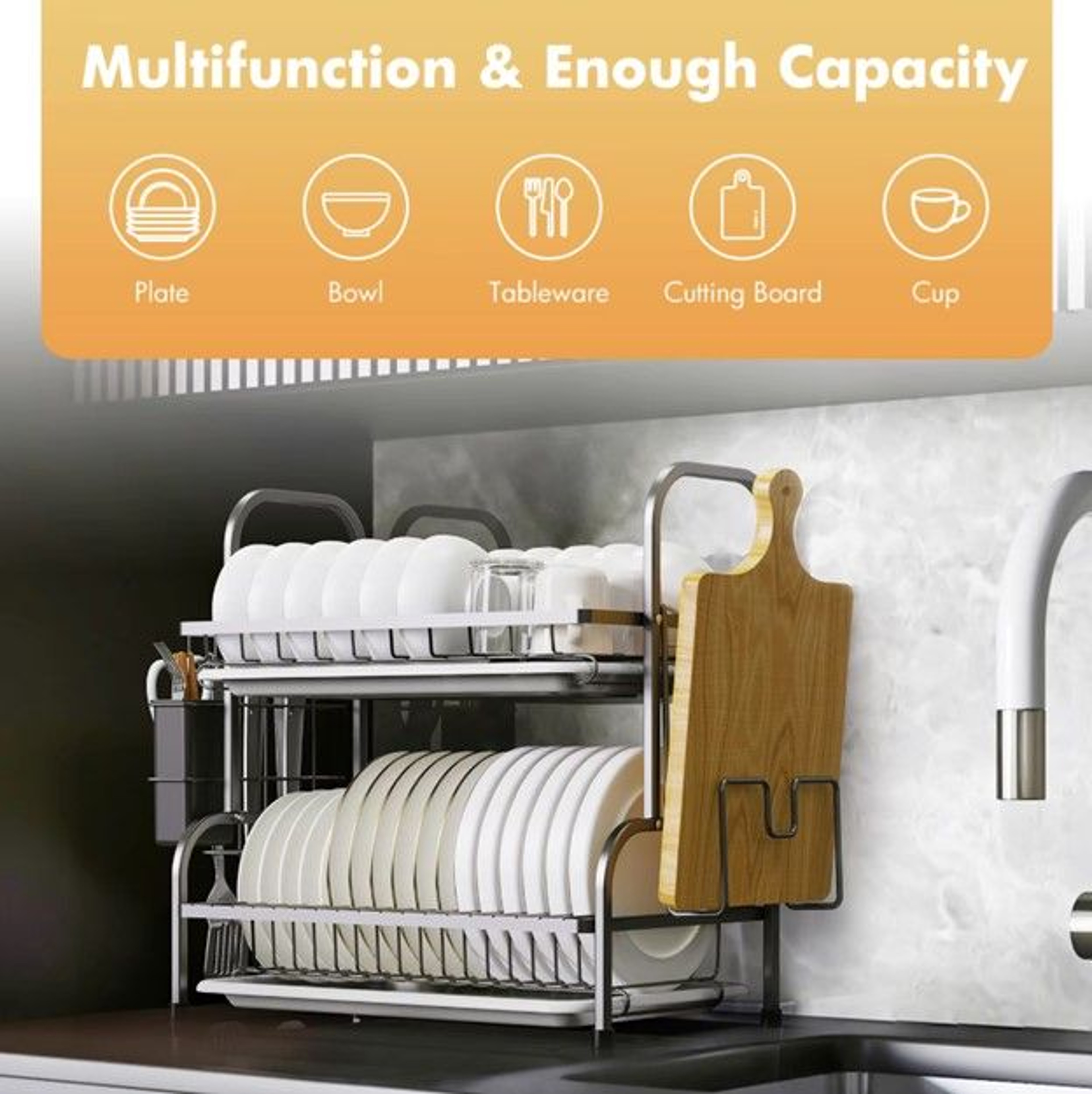 2 Tier Dish Drying Rack With Drainboard Compact Kitchen Counter Dish Rack With Utensil Holder 2