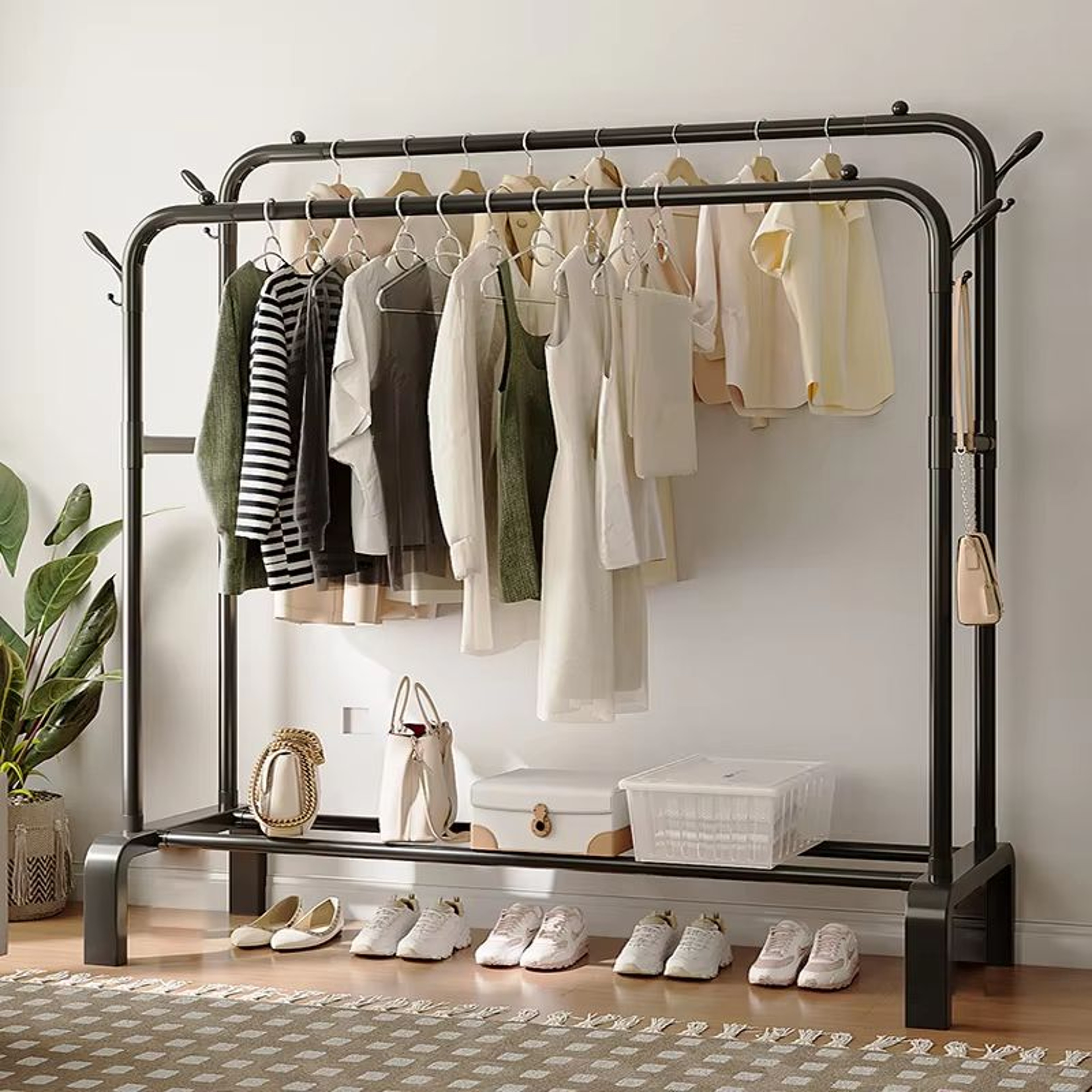 Heavy Duty Double Rod Clothes Rack With Shelves Metal Garment Rack Closet Organizer 0