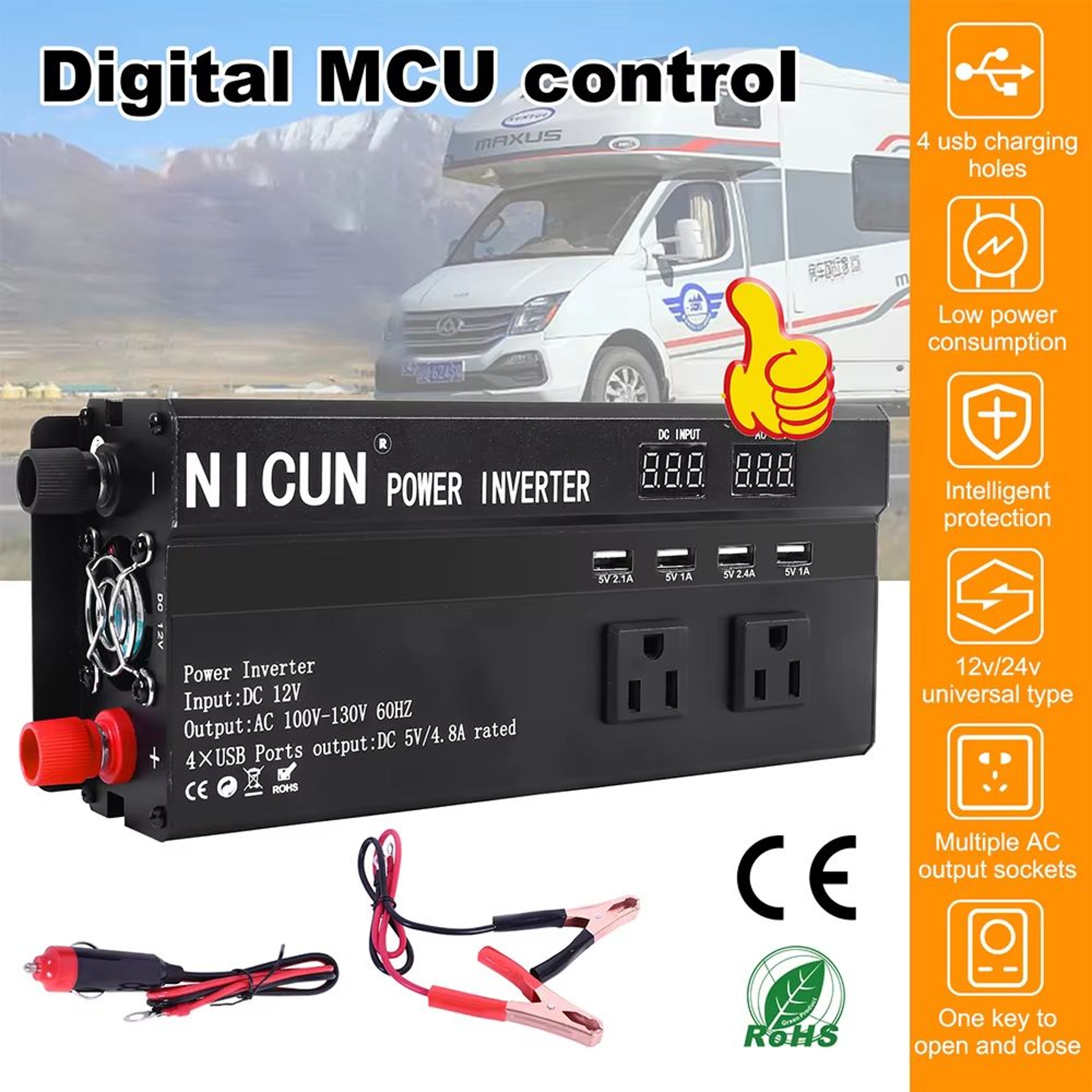 Pure Sine Wave 12V To 110V Power Inverter With LCD And 3 AC Outlets USB For Car RV Home And Solar 0