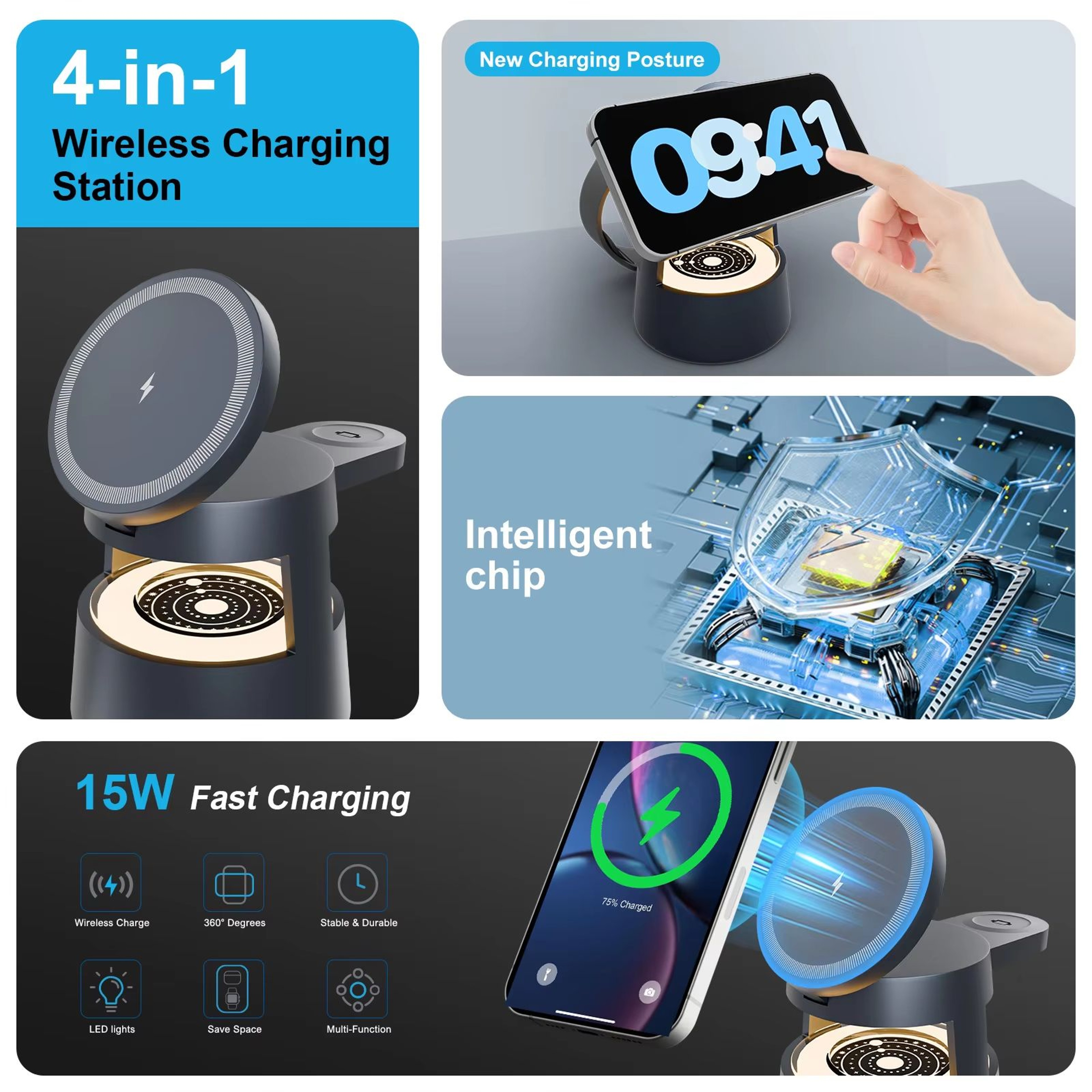 4 In 1 Magnetic Wireless Charging Station 15W Foldable With Night Light For IPhone Apple Watch Ultr 1