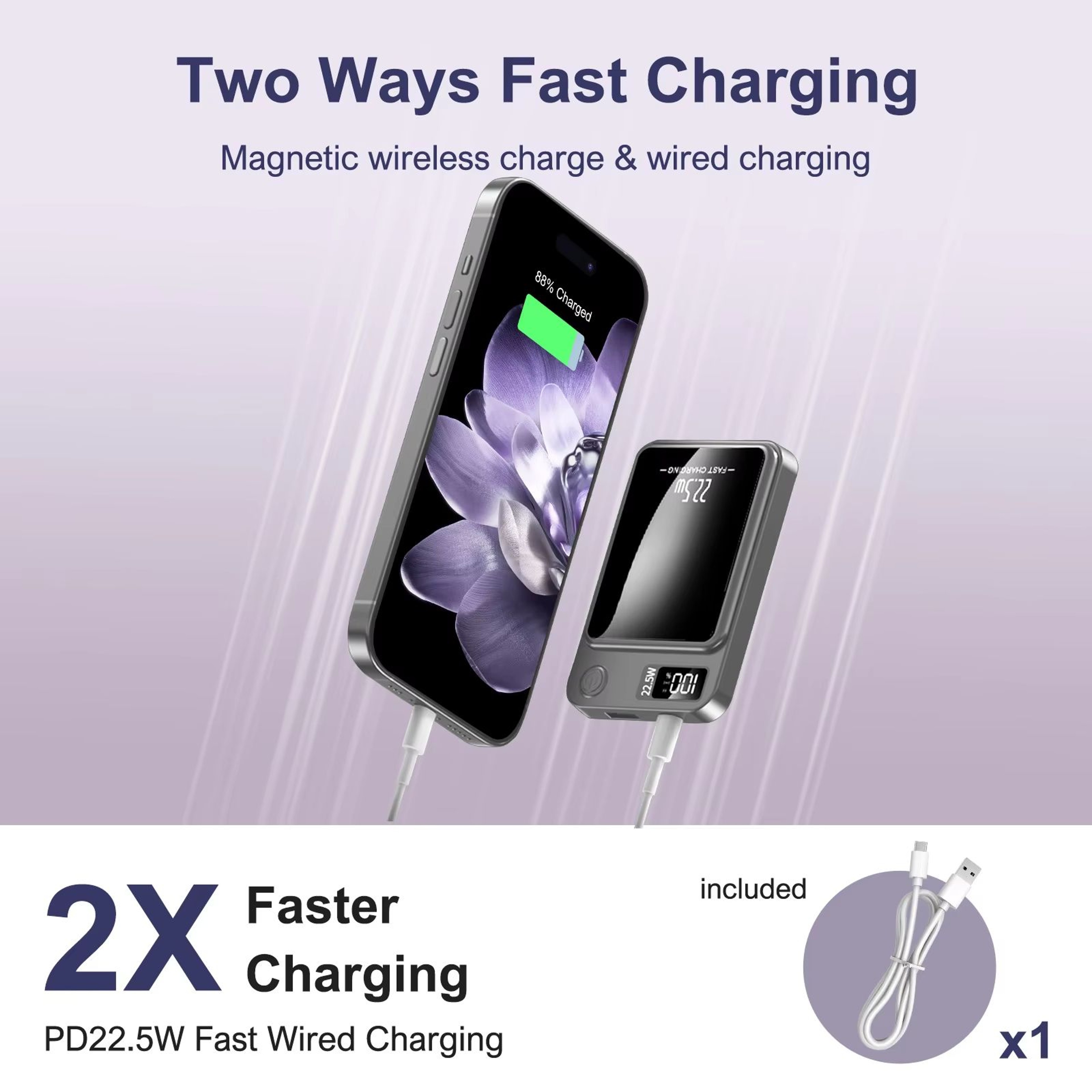5000mAh Magnetic Power Bank 225W Fast Charging Portable Wireless Charger With Type C Cable For IPho 2