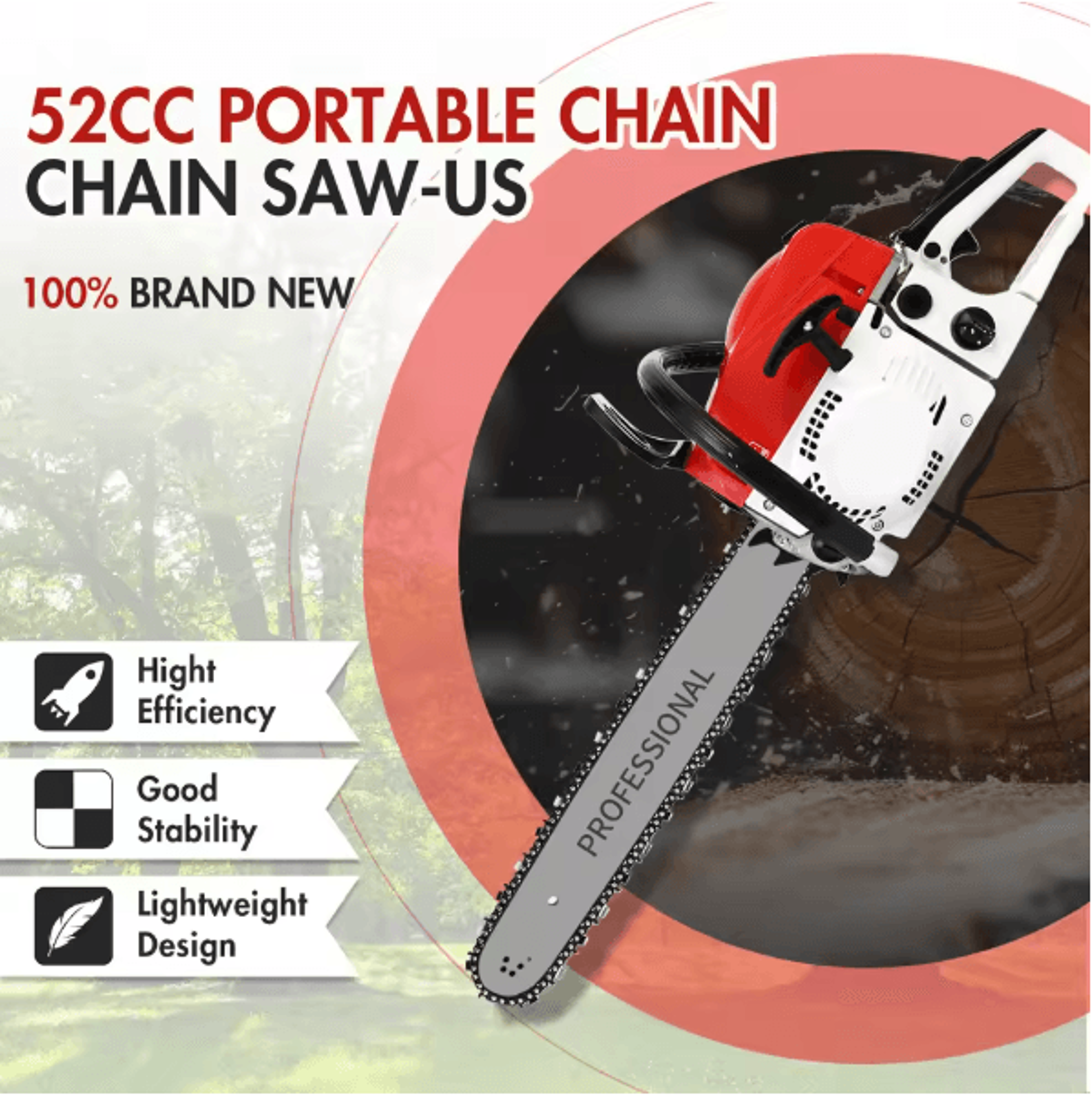 52cc 2 Stroke 20 Inch Gas Chainsaw Portable Air Cooled Wood Cutting Saw For Logging And Firewood 0