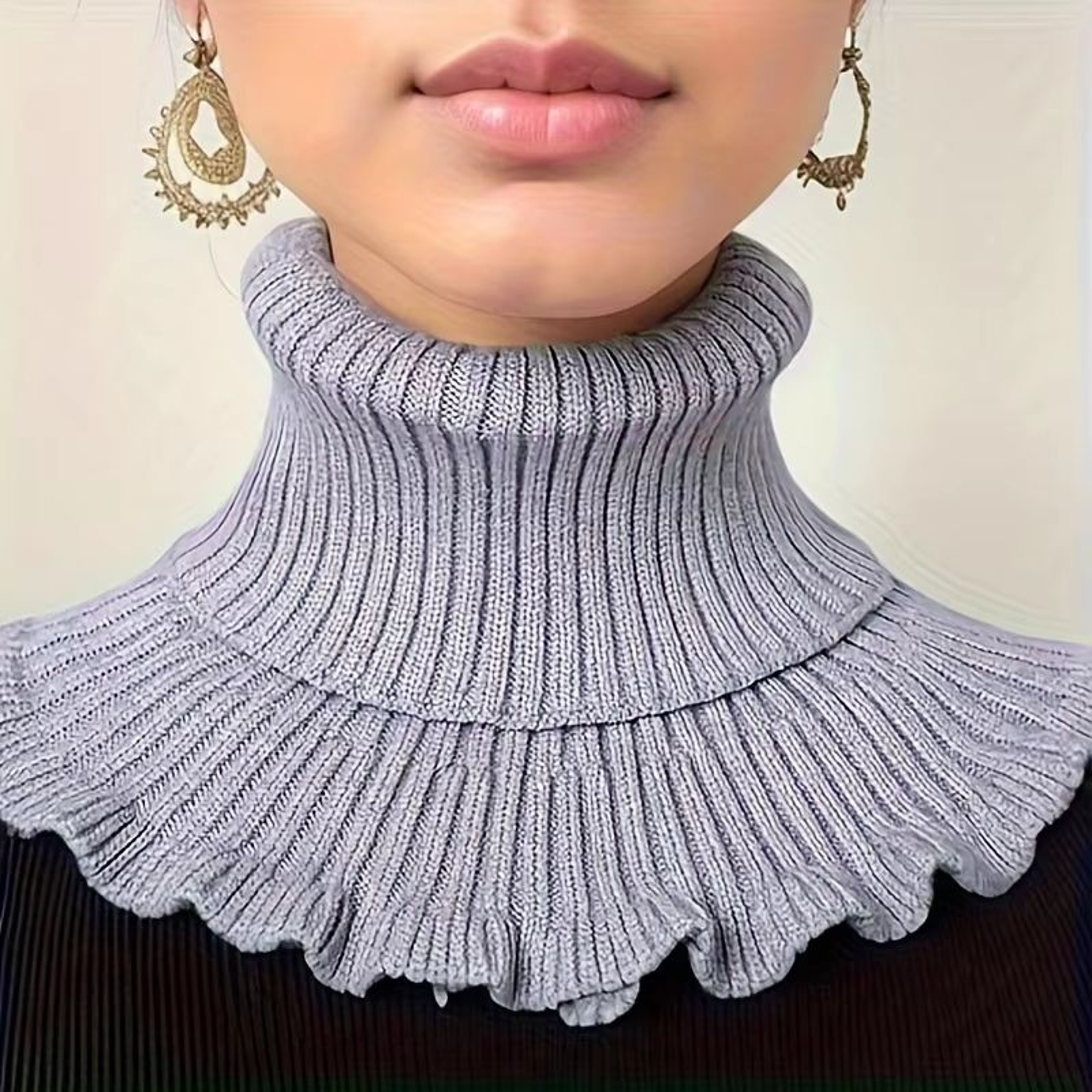 Black And White Knitted Neck Scarf For Women  Soft Thick Warm False Turtleneck With Elegant Ruffle  2