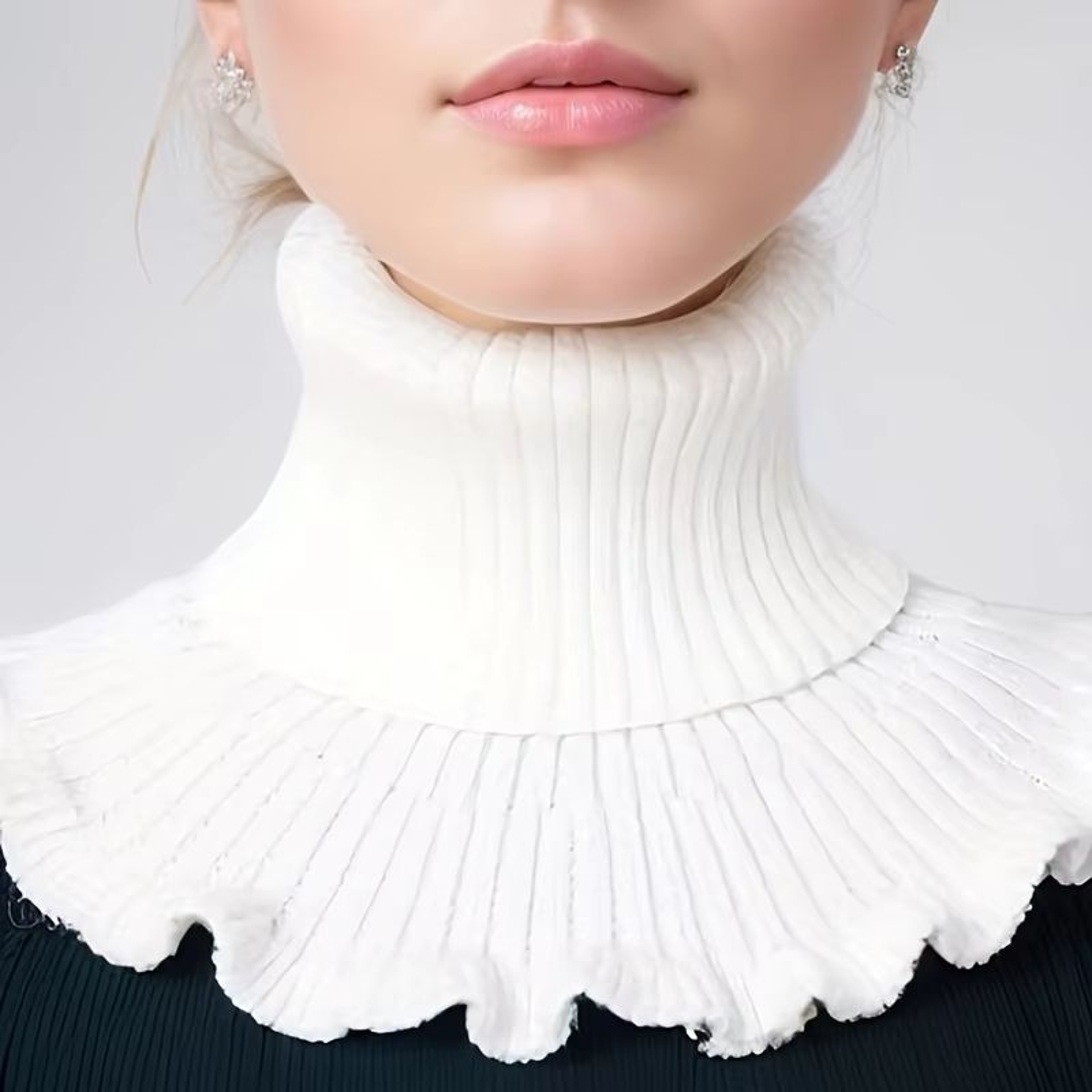 Black And White Knitted Neck Scarf For Women  Soft Thick Warm False Turtleneck With Elegant Ruffle  3