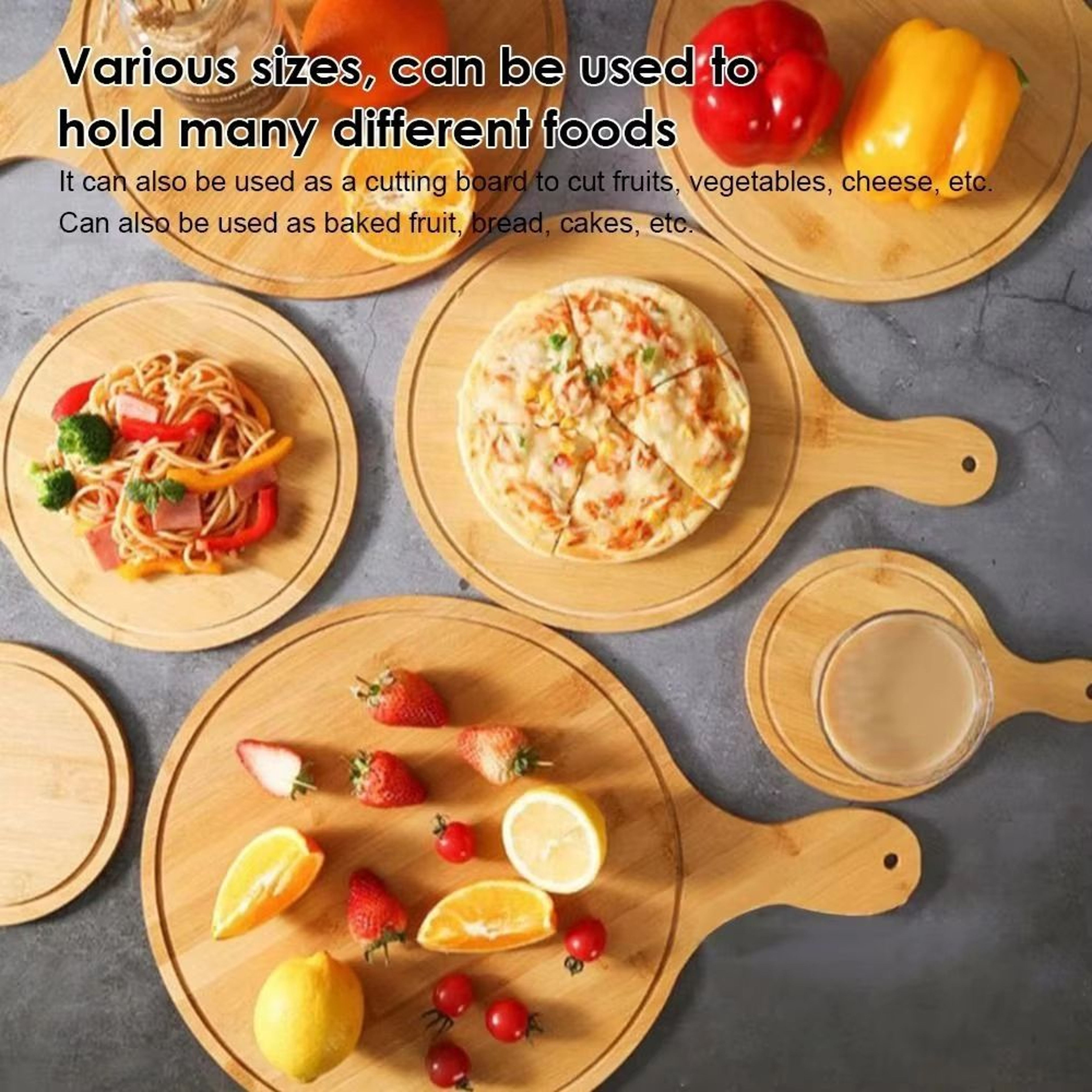 Round Bamboo Pizza Board With Handle 610in MultiUse Serving  Cutting Tray 4