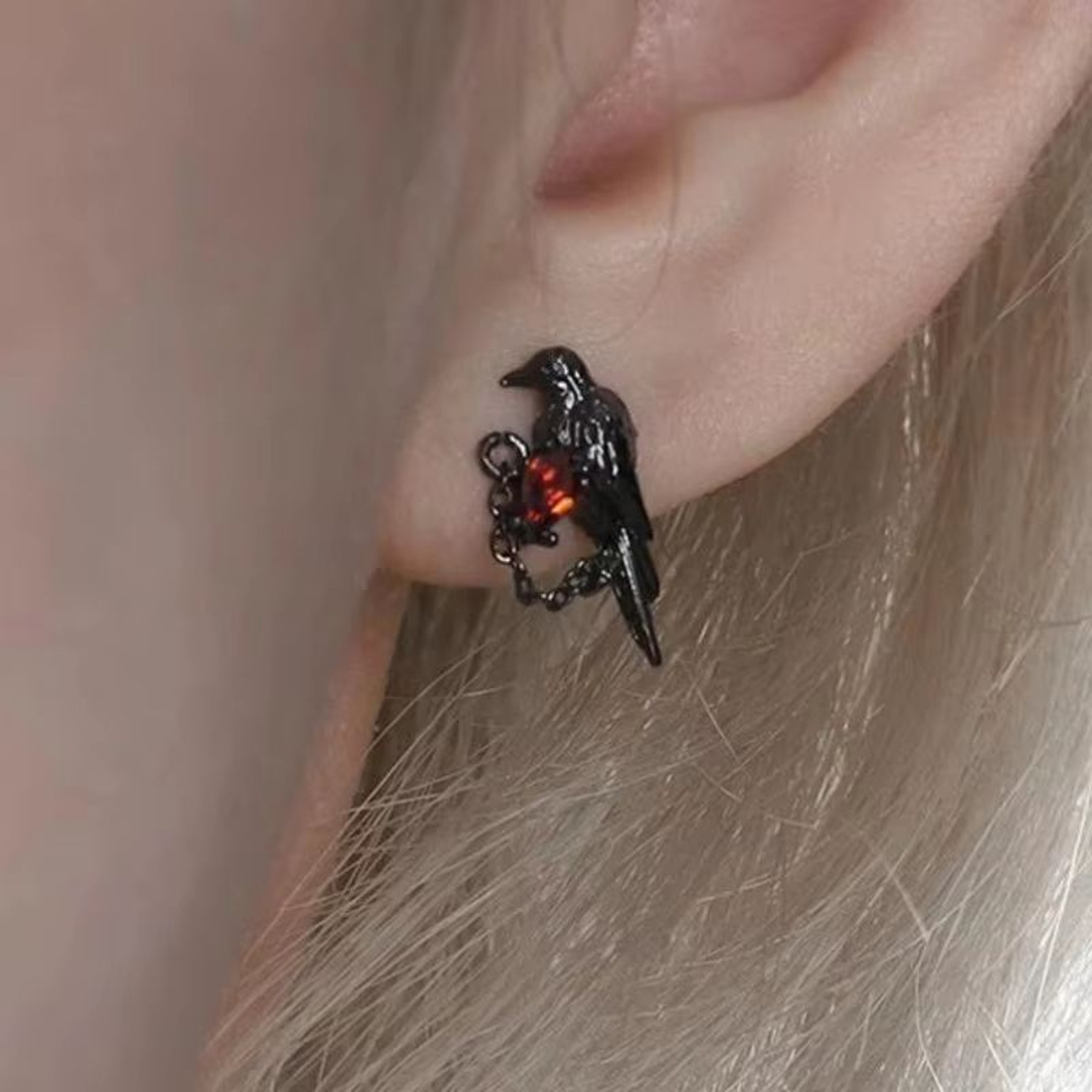 Red And Black Crow Earrings Vintage Dark Style Pair 0