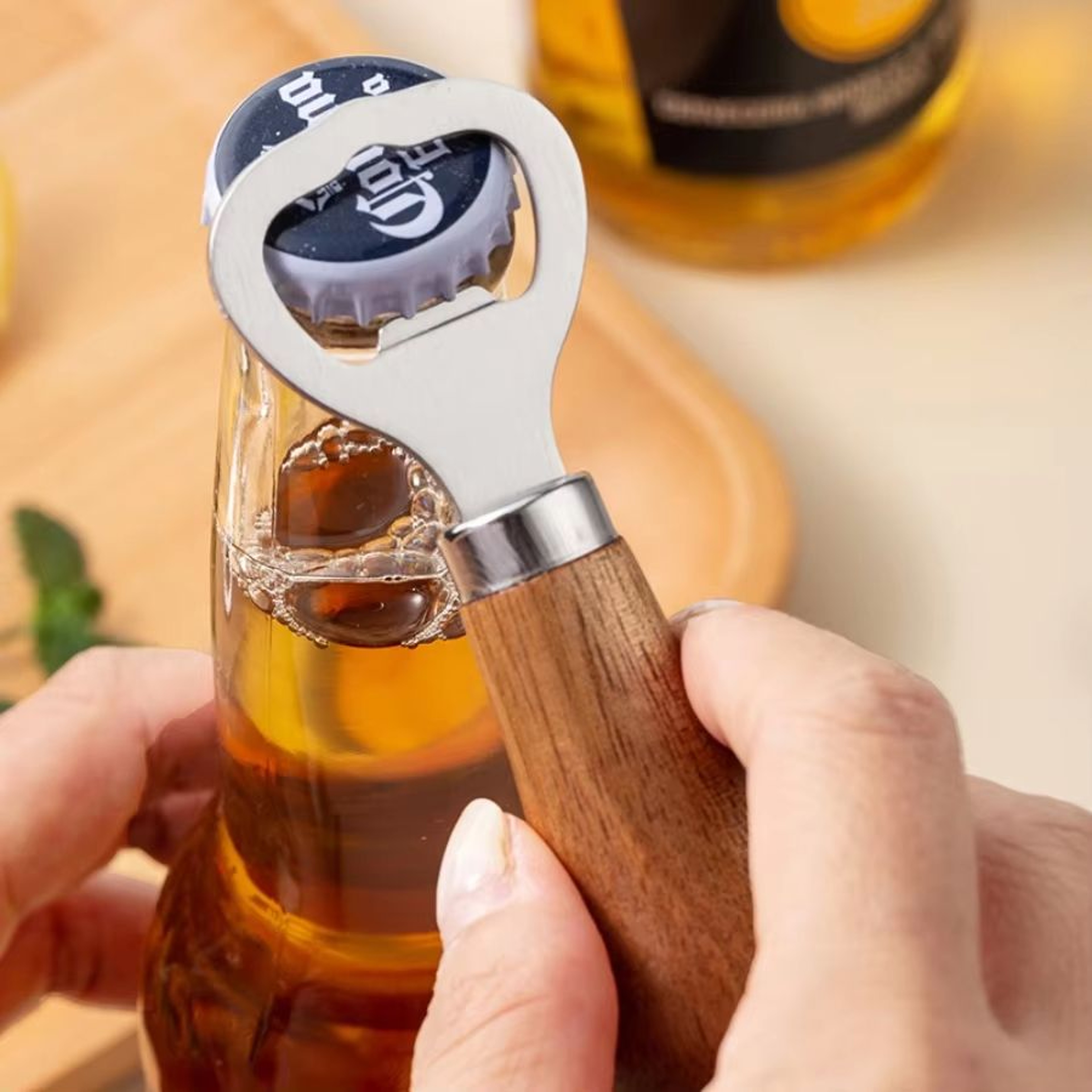 Solid Wood Handle Stainless Steel Beer Bottle Opener For Home Use 0