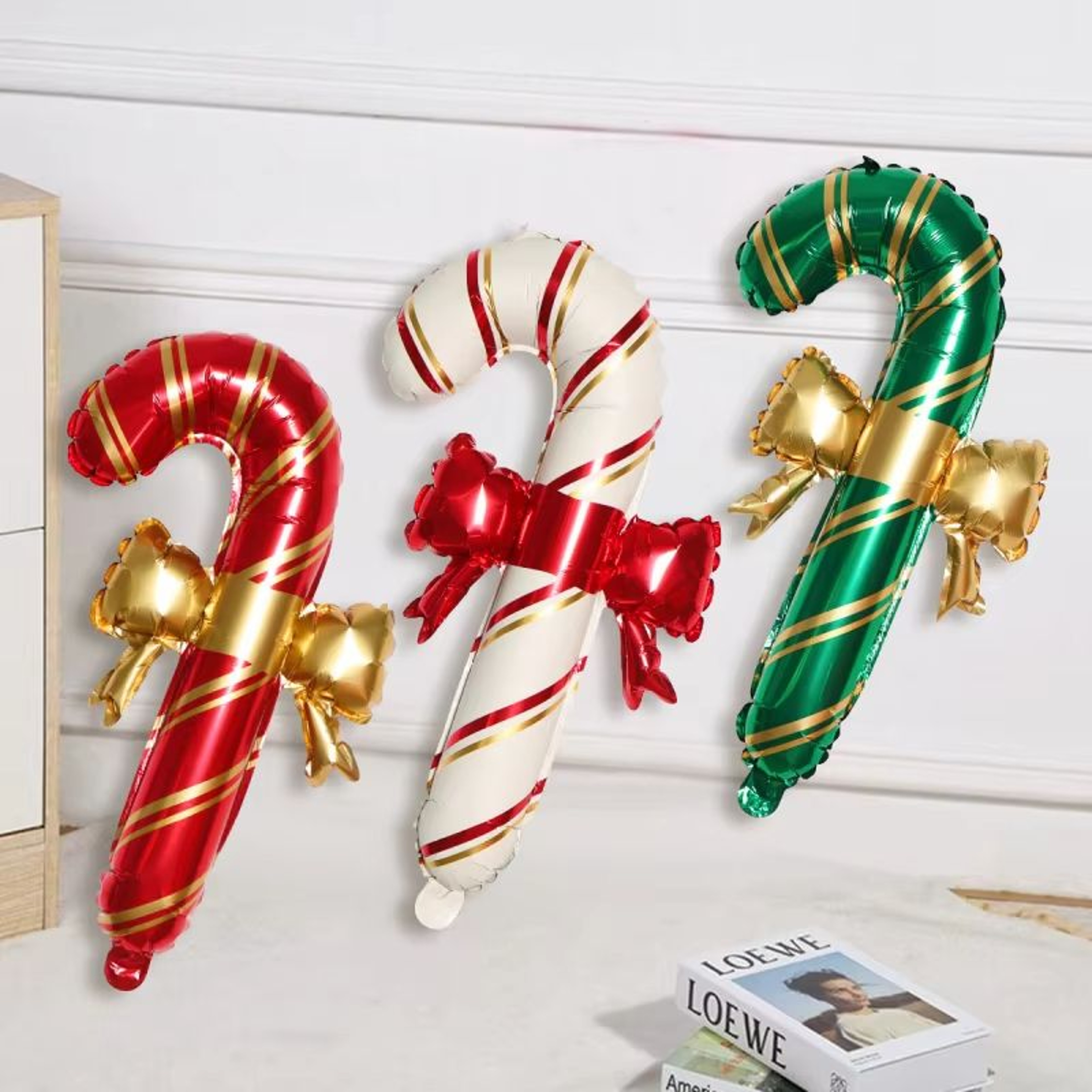 Set Of 2 Red Green  White Christmas Bow Cane Balloons For Holiday Decor 0