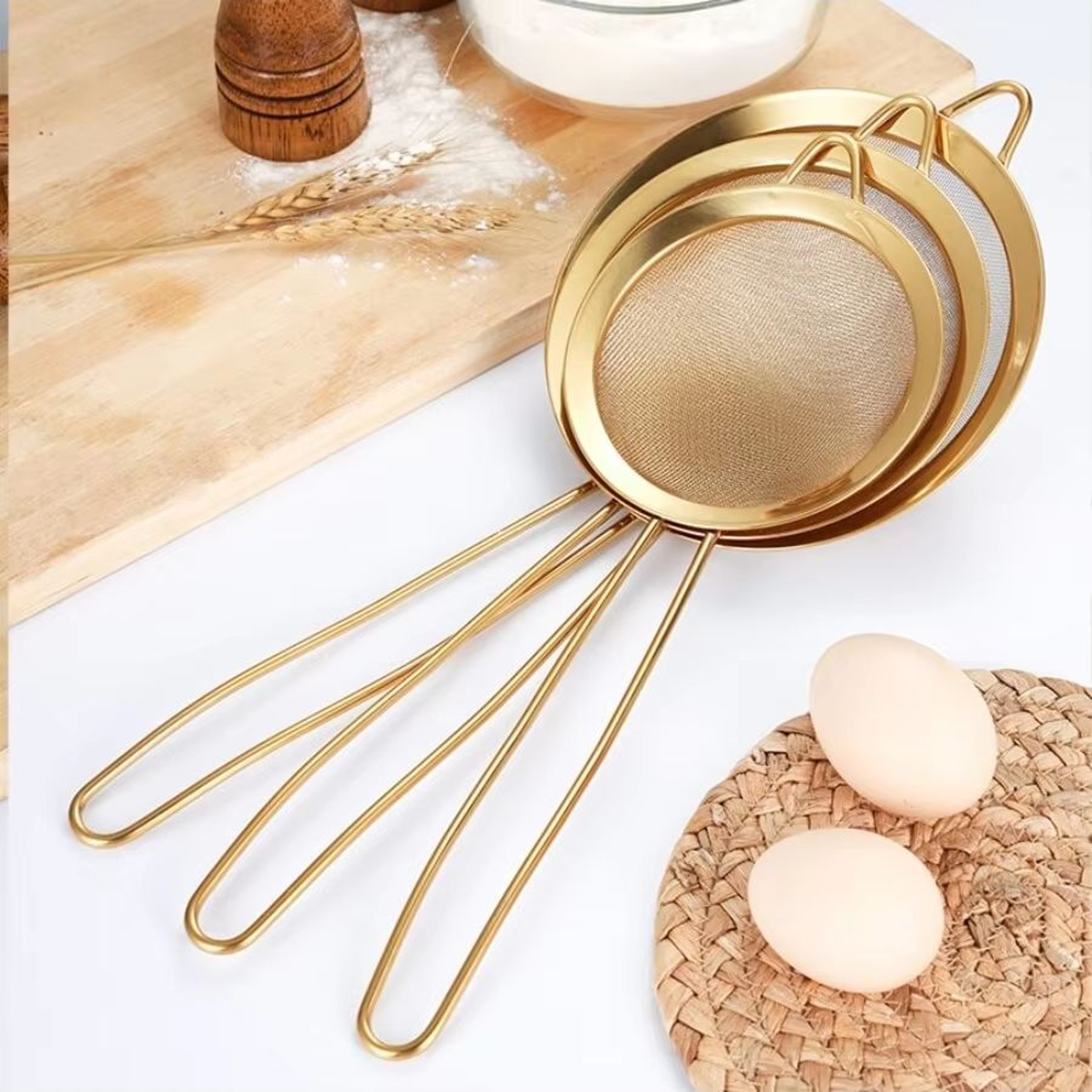 Gold Stainless Steel Strainer 75in Kitchen Colander Sieve With Hook For Flour Juice Soybean Milk  R 1