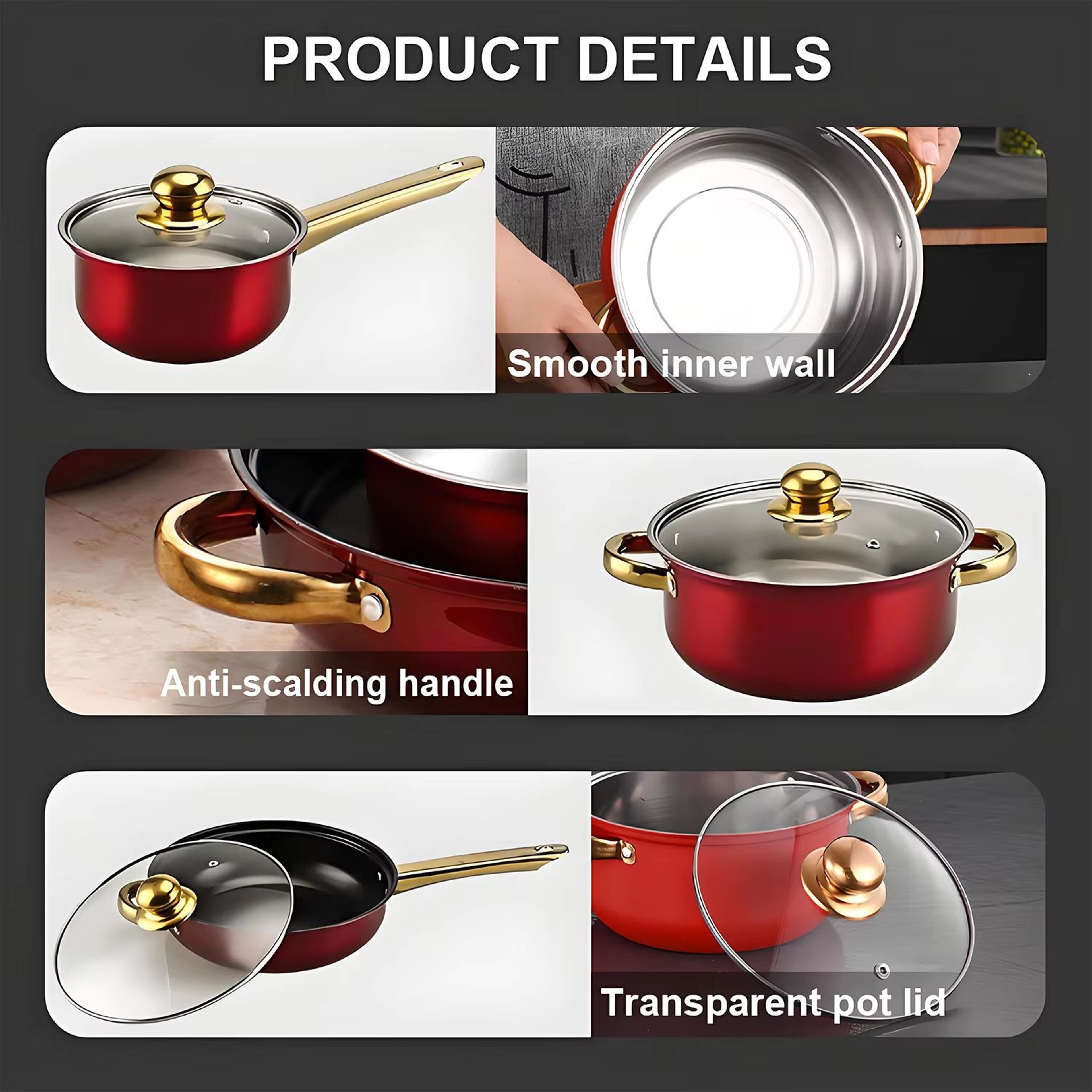 Red Stainless Steel Cookware Set 12 Piece Nonstick Pots And Pans Kitchen Cookware Collection 5