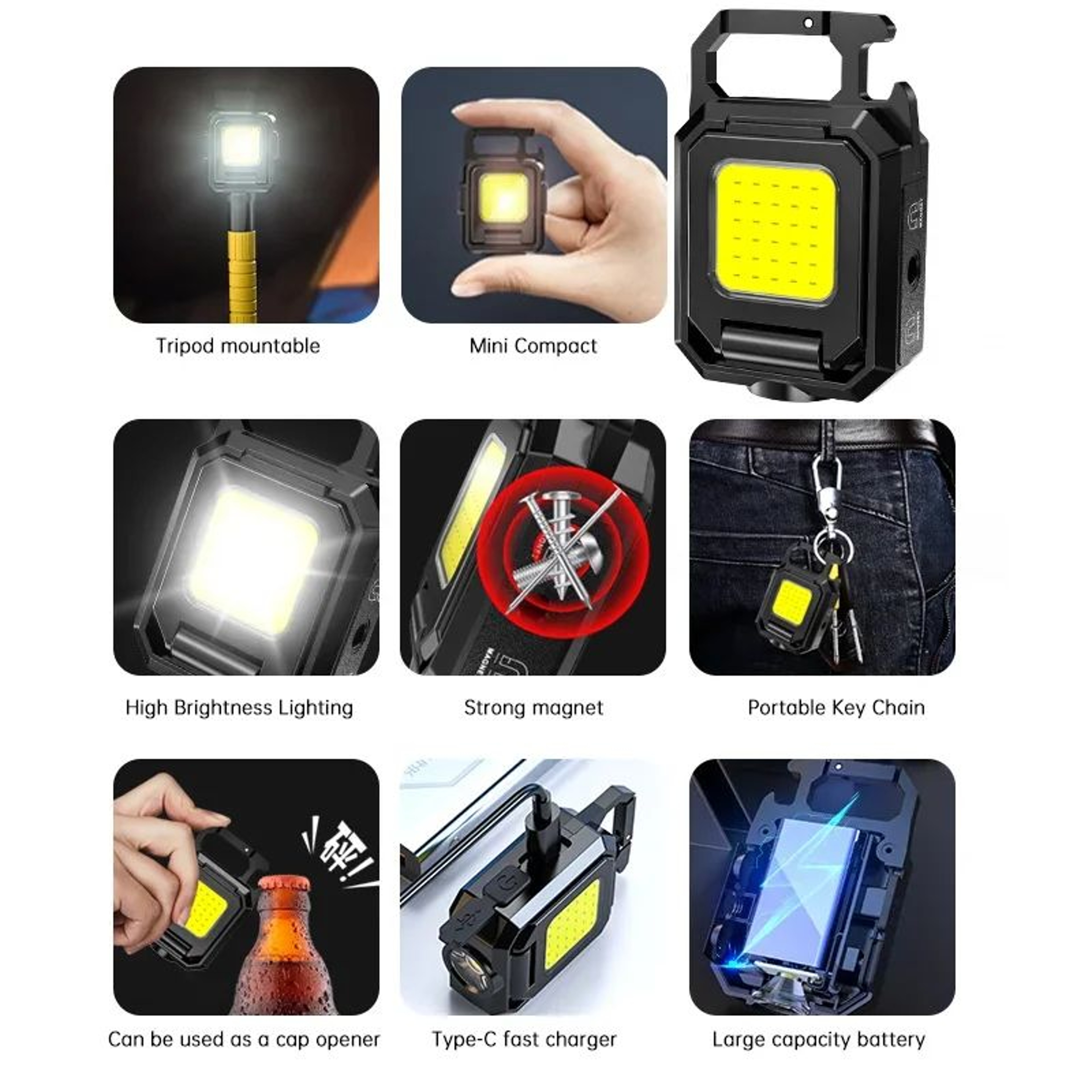 USB Rechargeable Mini COB Keychain Flashlight With 90 Foldable Work Lights 5