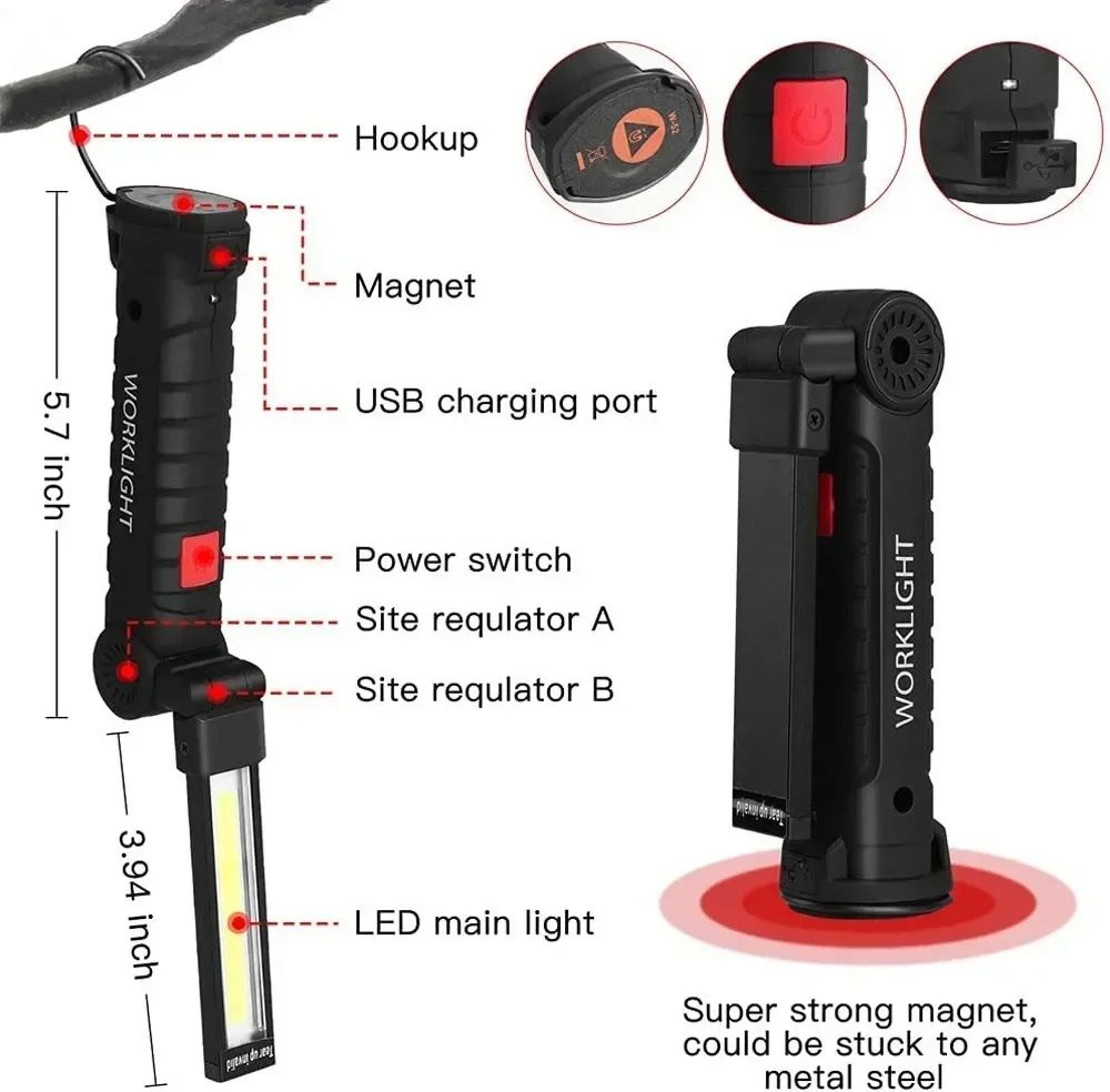 USB Rechargeable Dimmable COB LED Work Light With Magnet And Hook 2