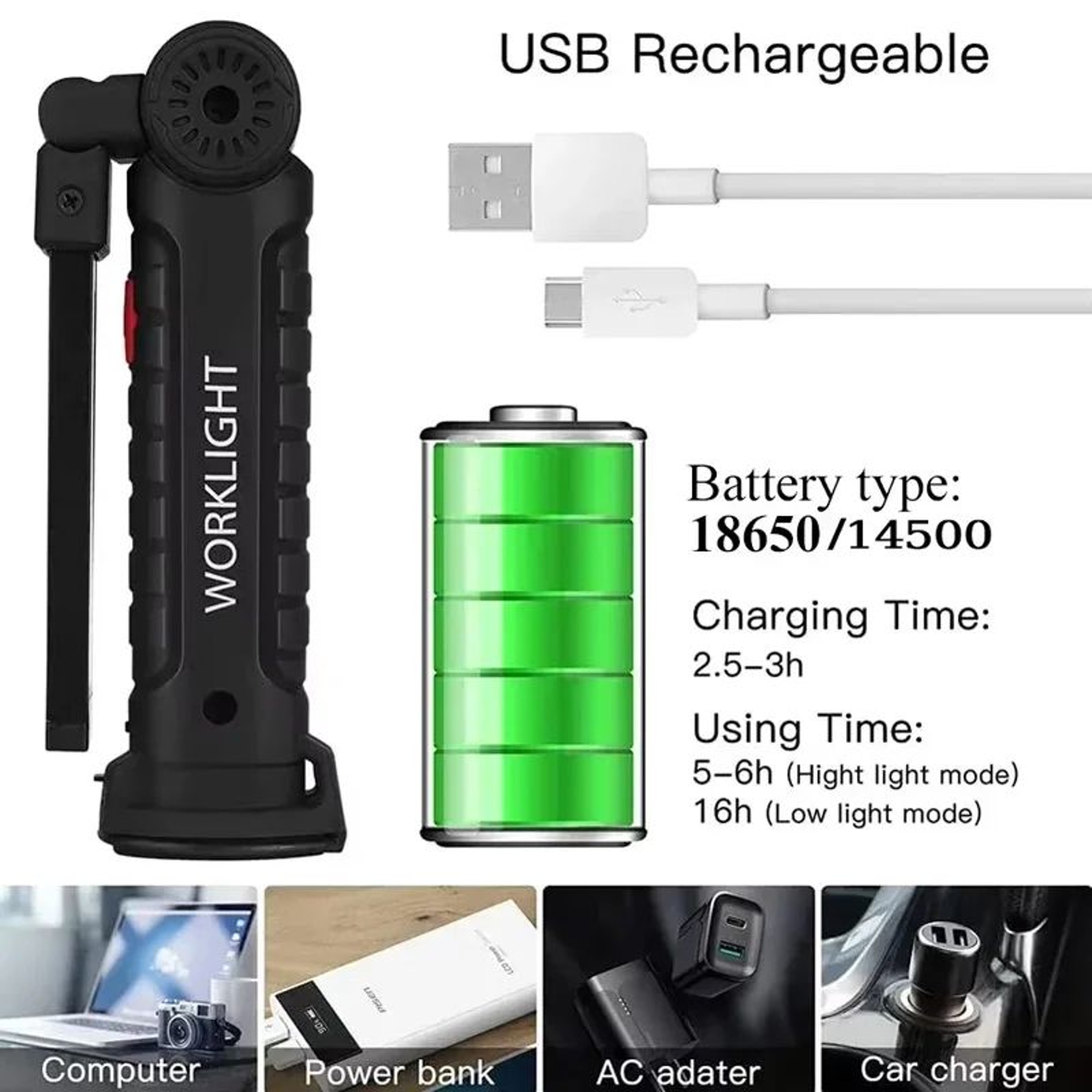 USB Rechargeable Dimmable COB LED Work Light With Magnet And Hook 5