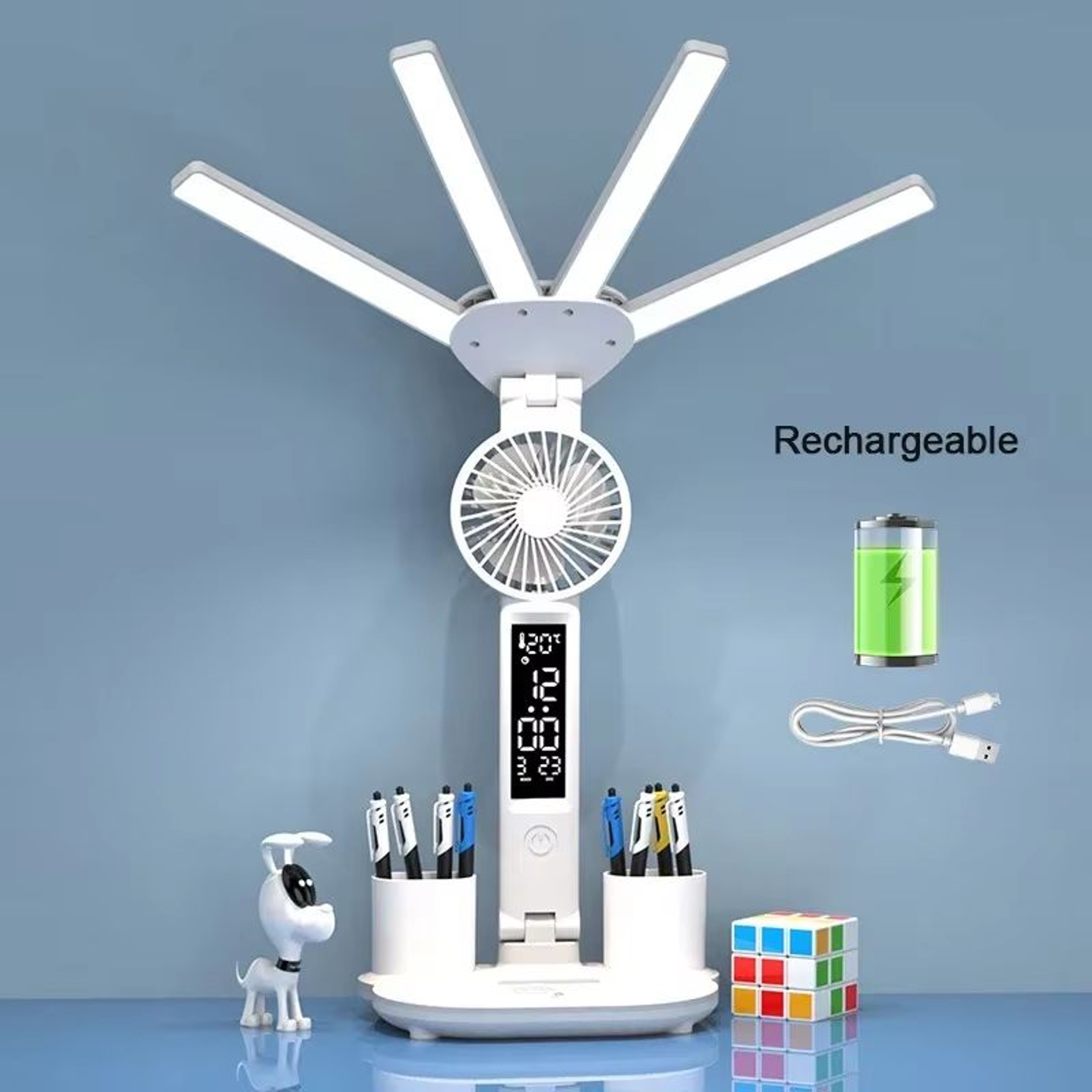 Multifunction USB Charging 3Color LED Desk Lamp With Fan And Clock 9
