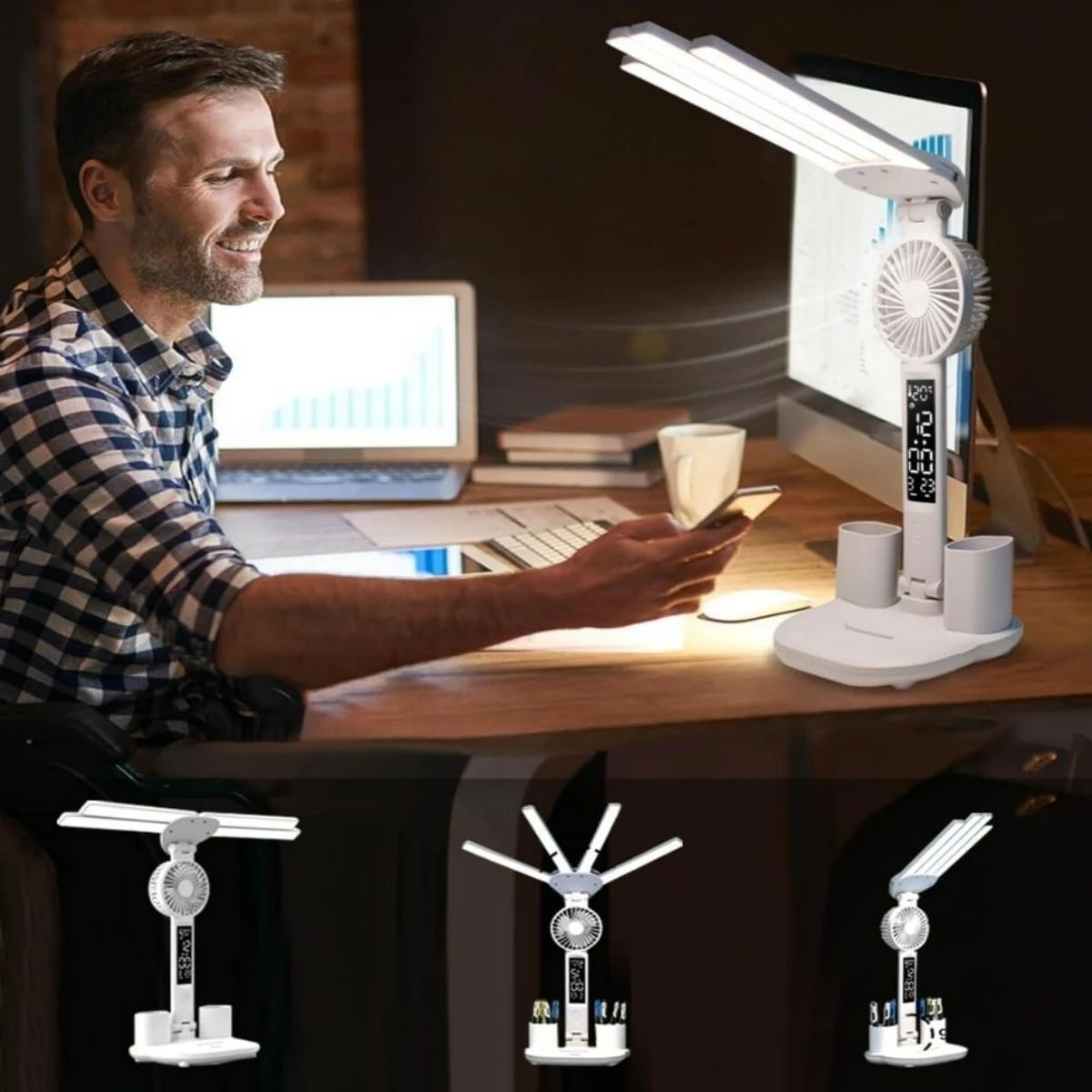 Multifunction USB Charging 3Color LED Desk Lamp With Fan And Clock 4
