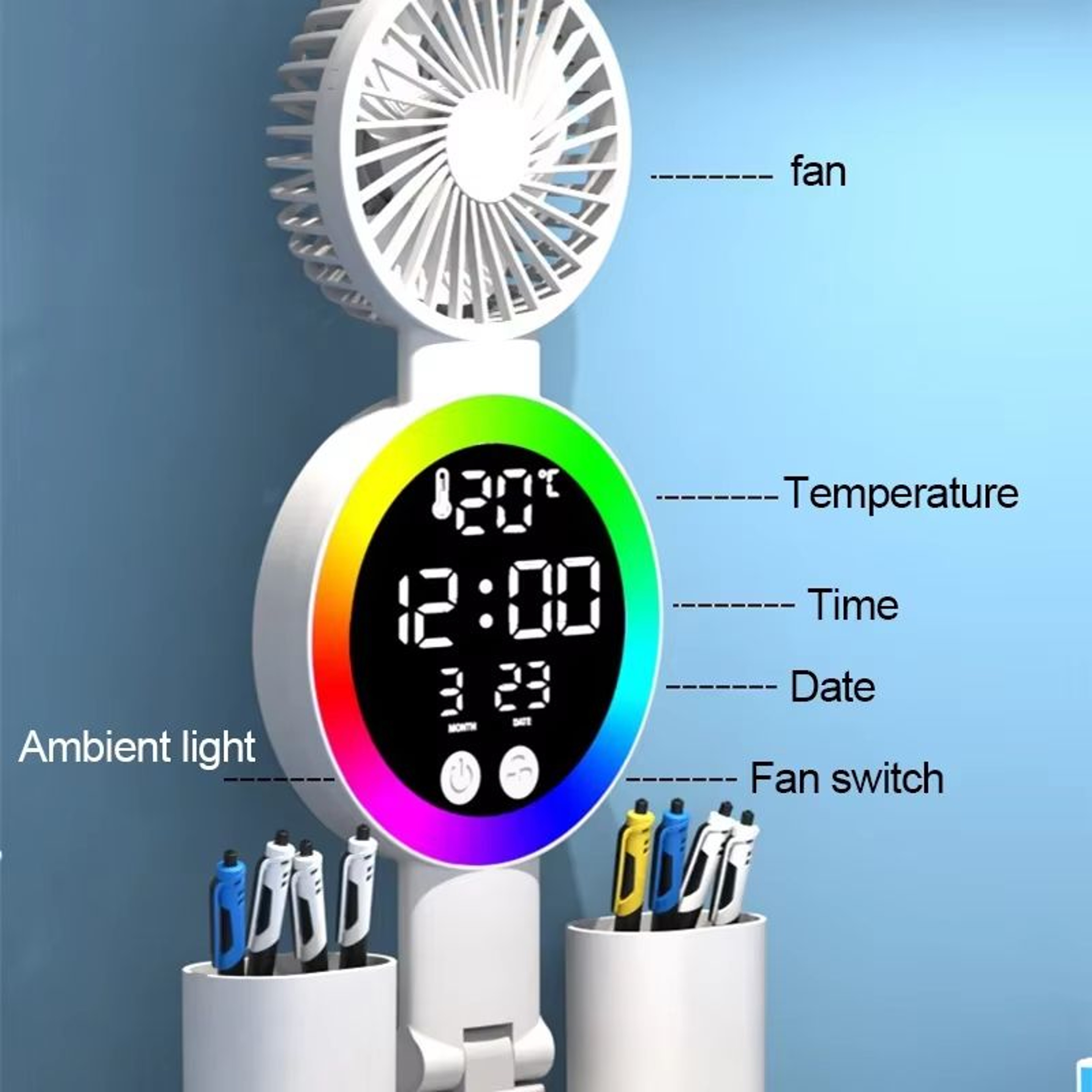 USB Charging LED Table Lamp With Adjustable Brightness Fan And Clock Display 3