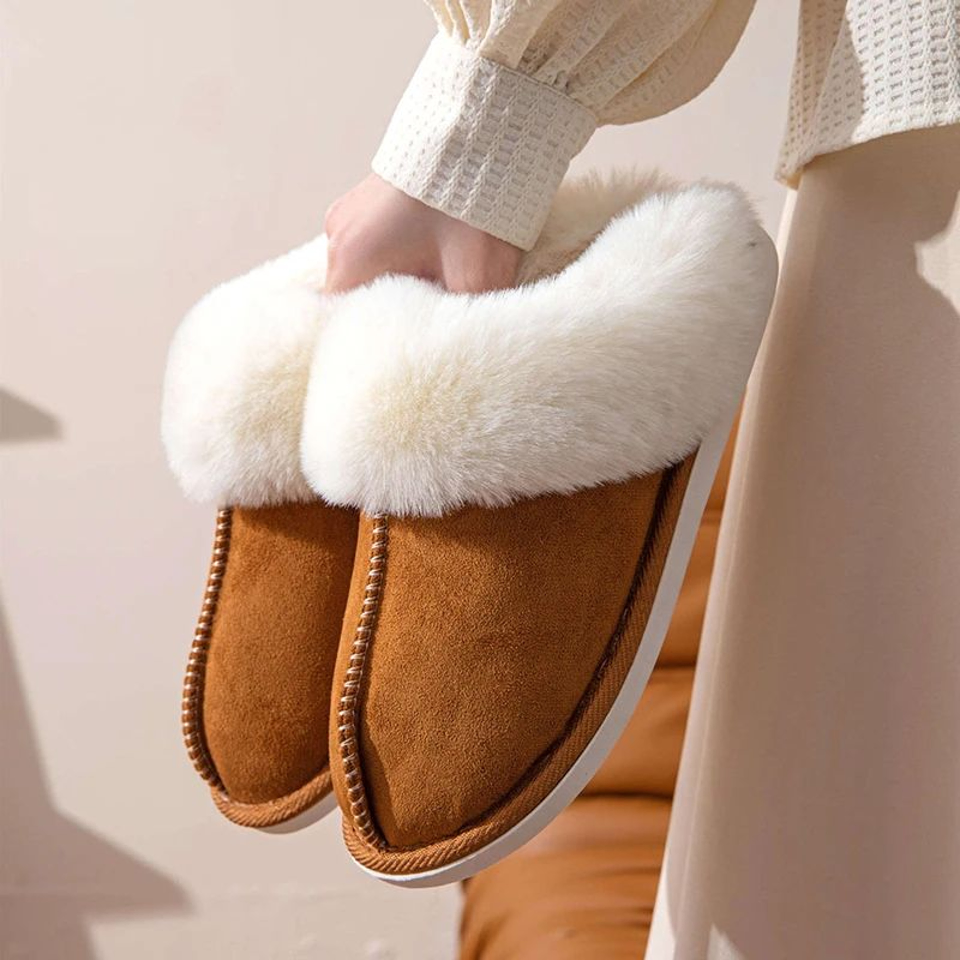 Womens Faux Suede Fluffy Winter Warm Flat Fur Slippers 1