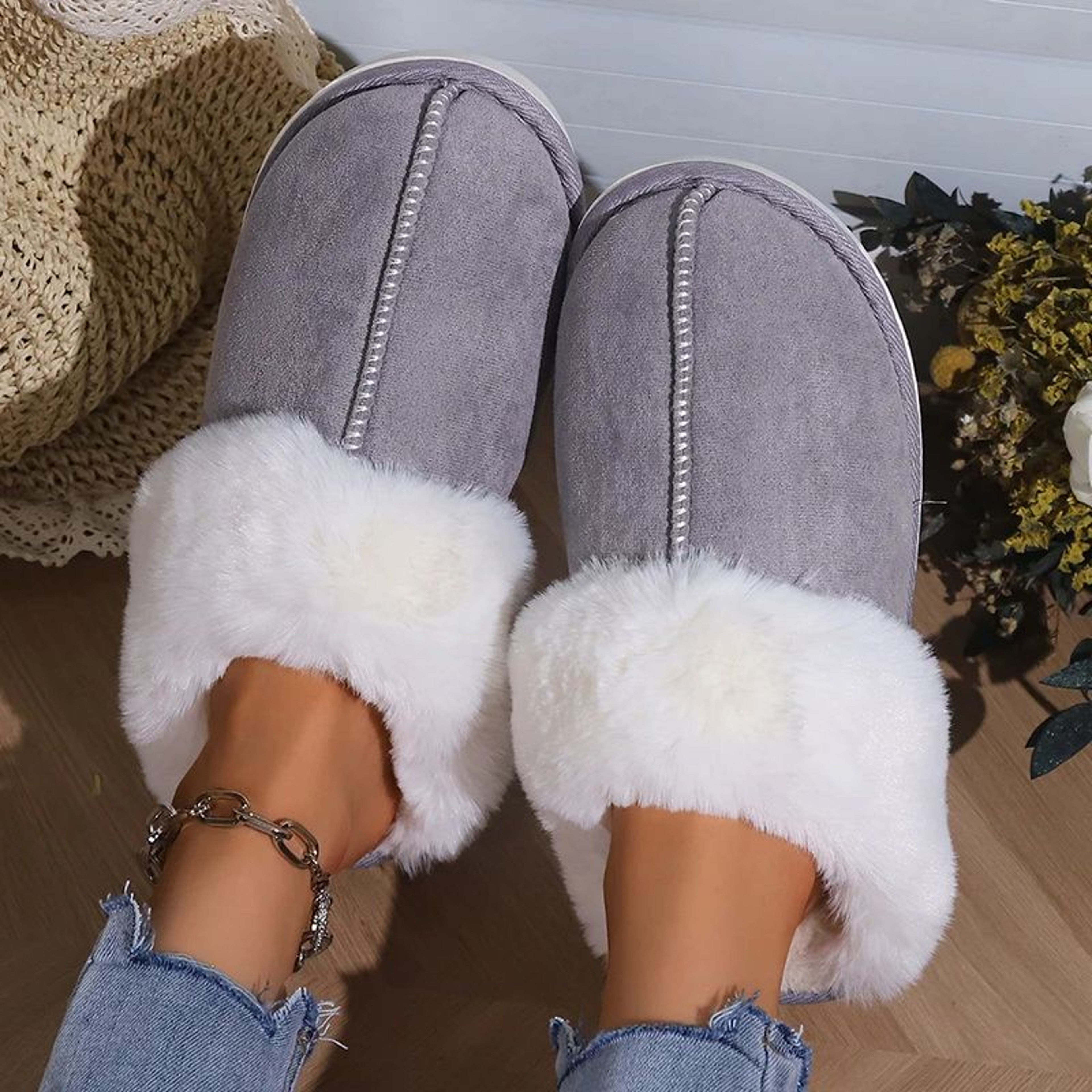 Womens Faux Suede Fluffy Winter Warm Flat Fur Slippers 4