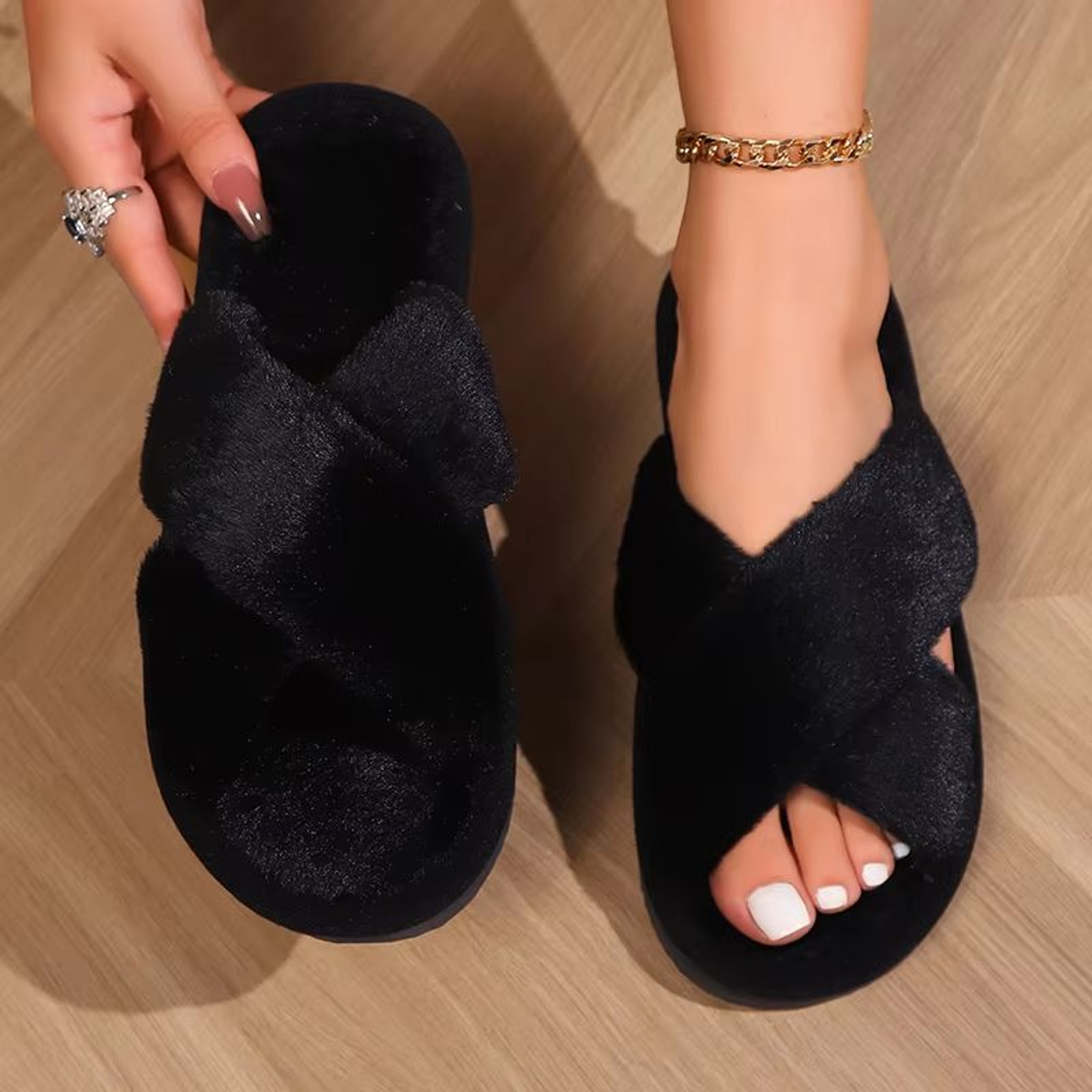 Womens Fluffy Open Toe NonSlip Flat Fur Slide Slippers 7