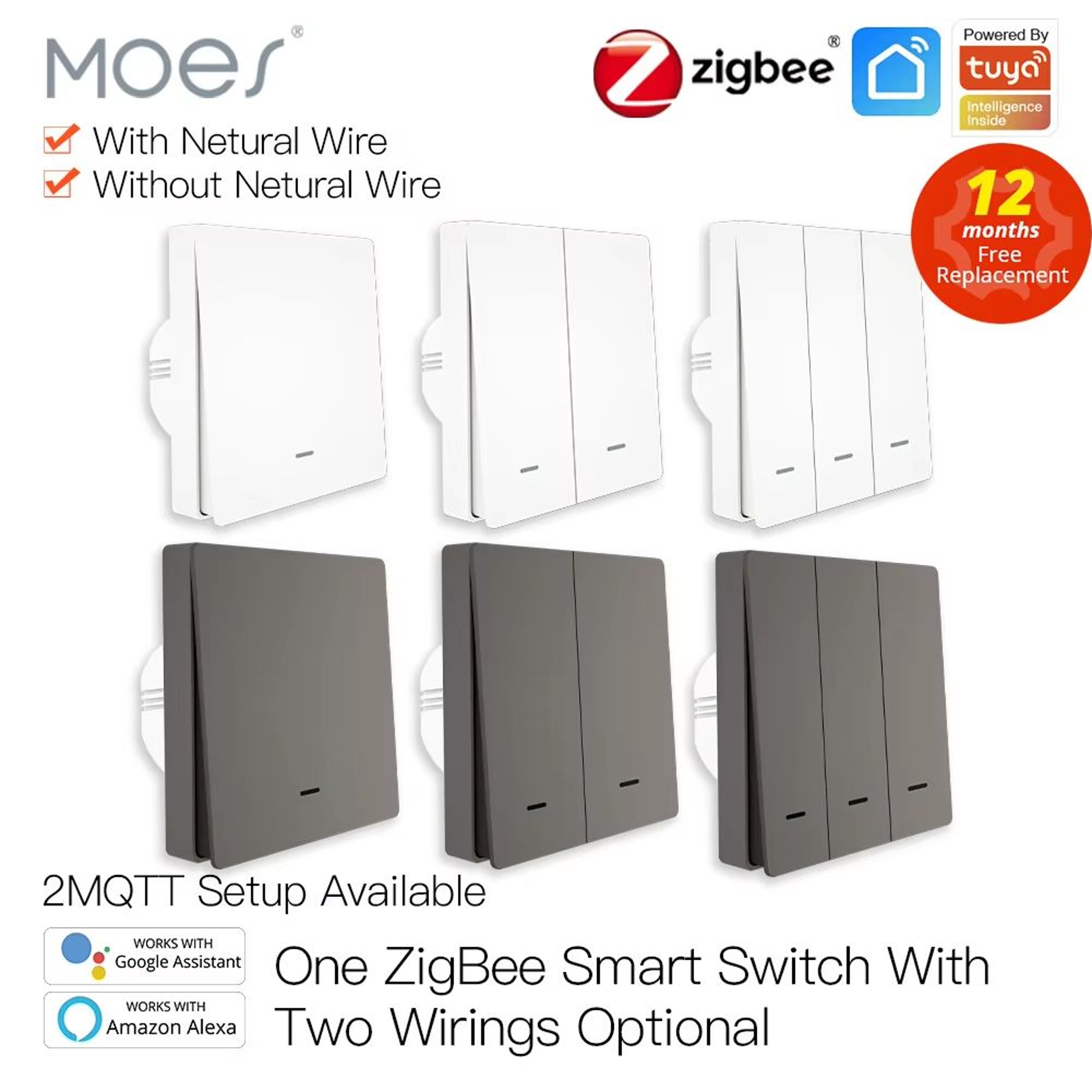 MOES ZigBee Smart Light Switch No Neutral Wire No Capacitor Alexa Google Home Compatible 0