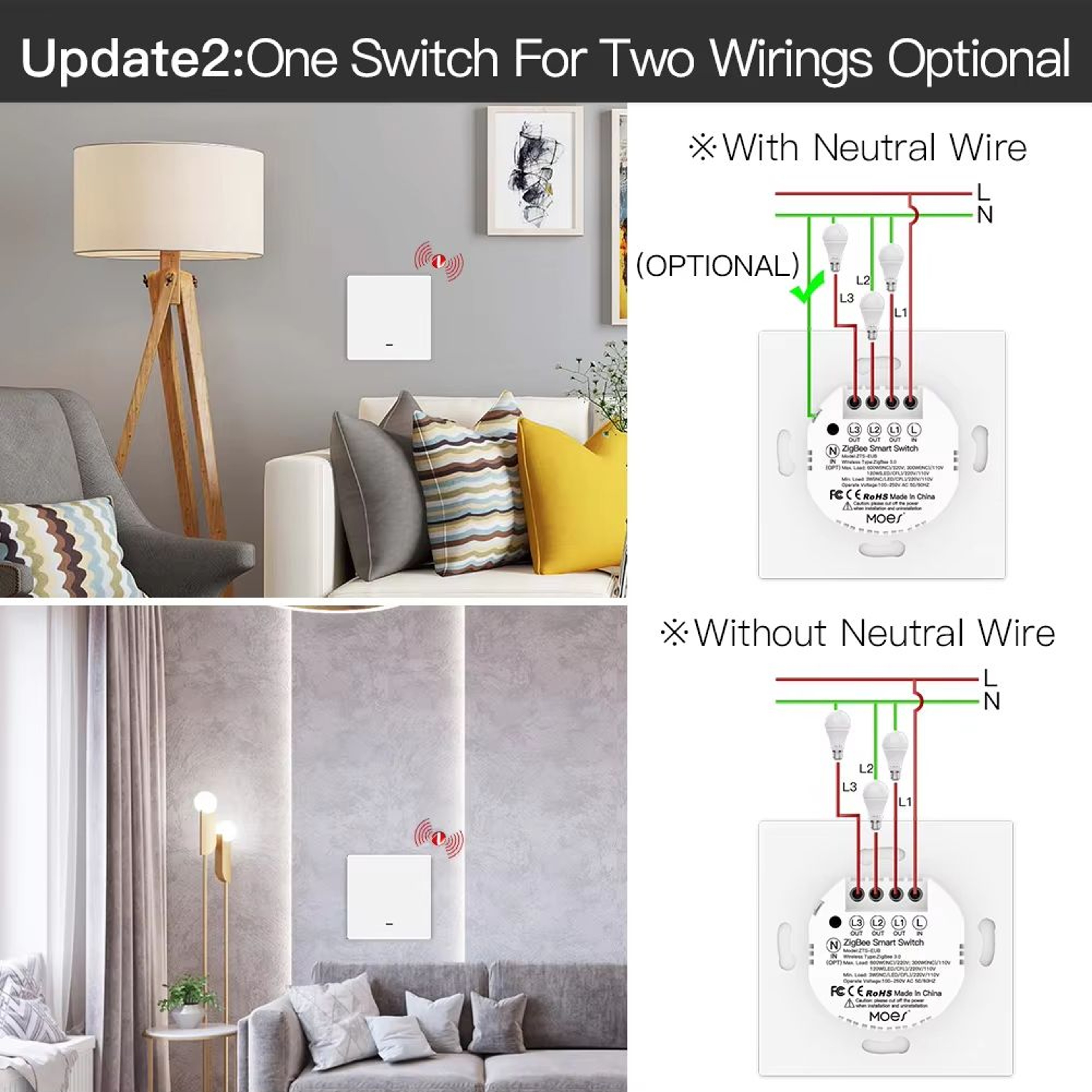 MOES ZigBee Smart Light Switch No Neutral Wire No Capacitor Alexa Google Home Compatible 2