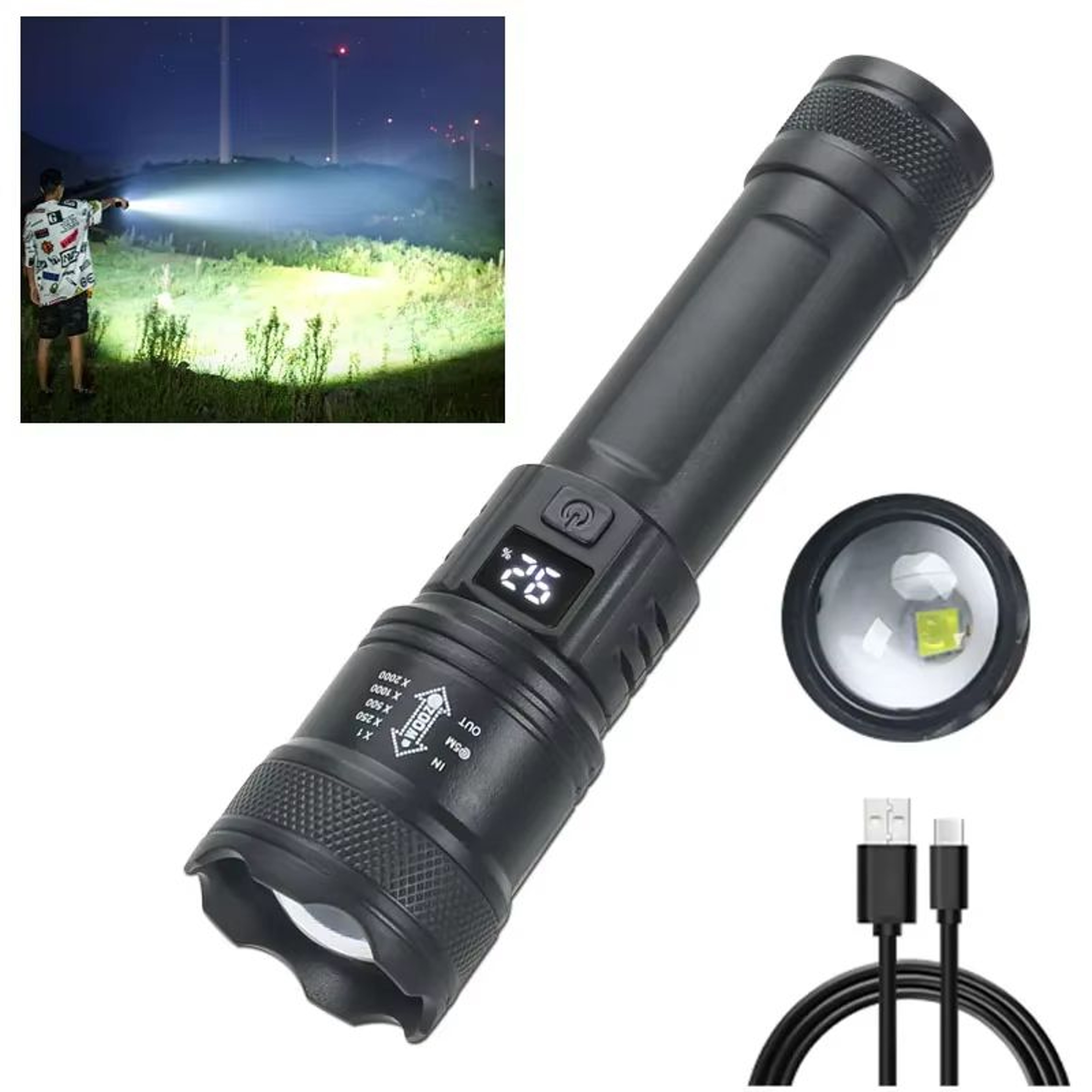 USB Rechargeable 2000LM Tactical LED Flashlight With Zoom And Display 6