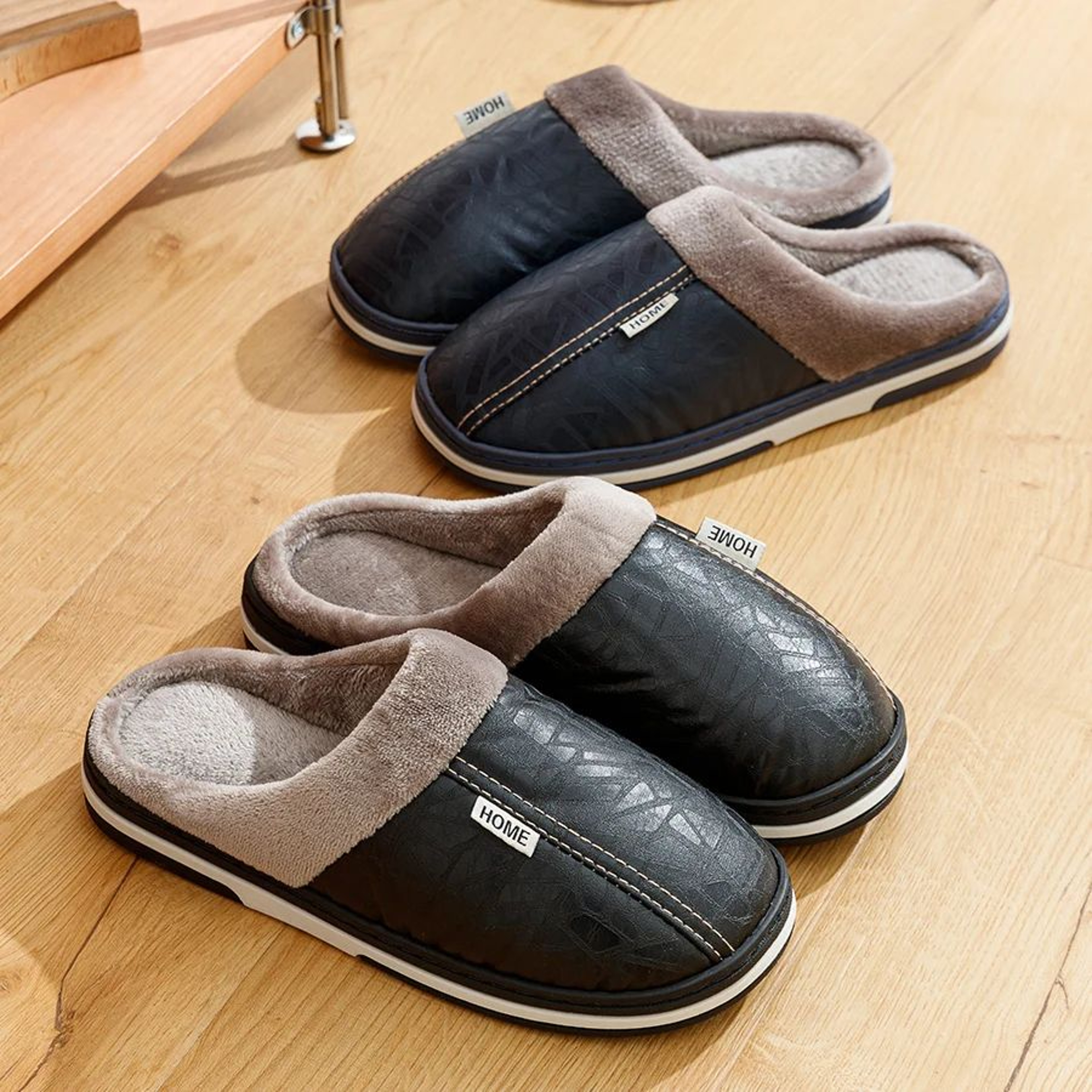 Big Size Mens Waterproof Winter Slippers PU Leather FurLined Home Shoes 0