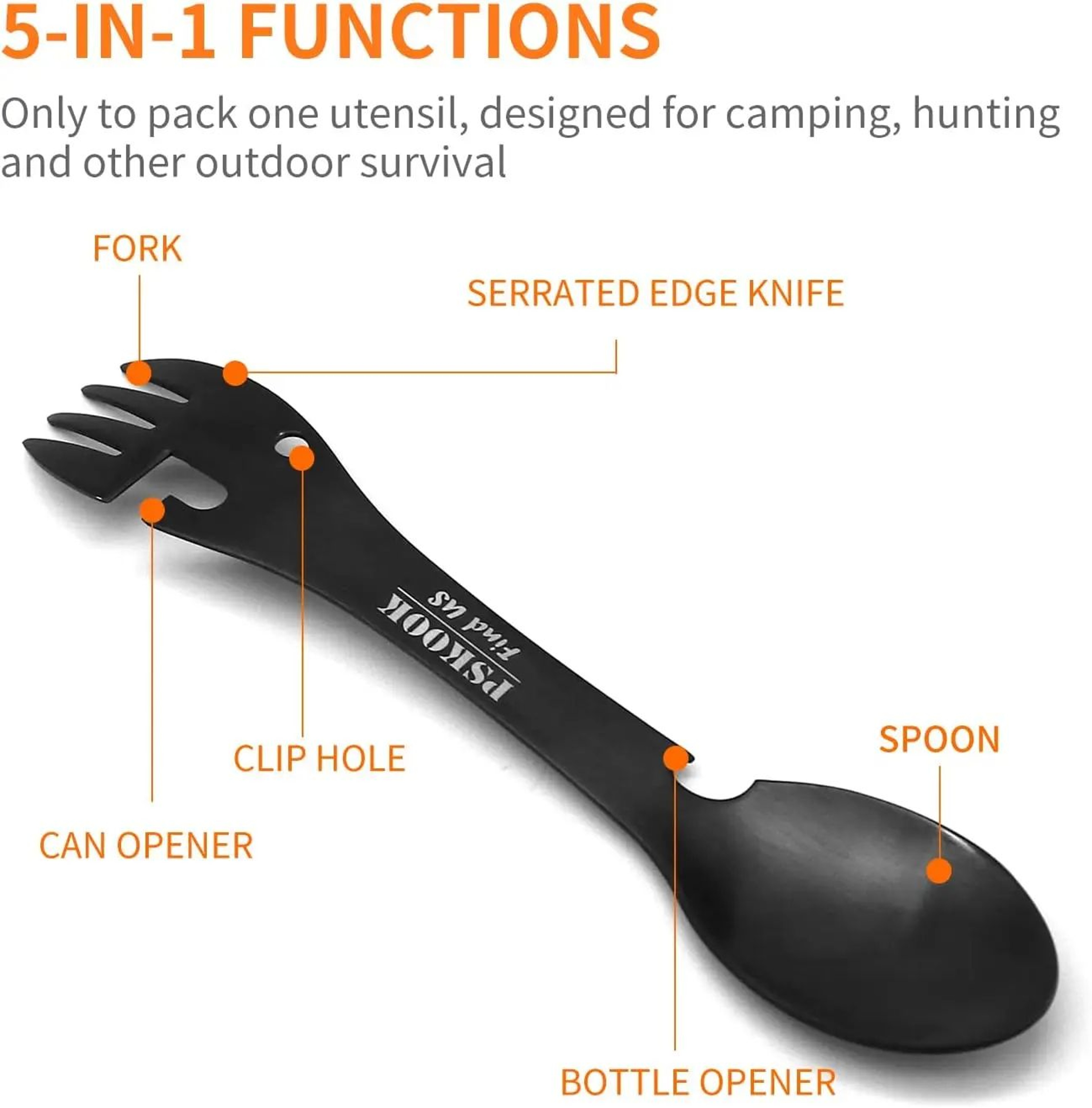 PSKOOK 5in1 Tactical Spork Stainless Steel Camping Utensil With Bottle And Can Opener 1